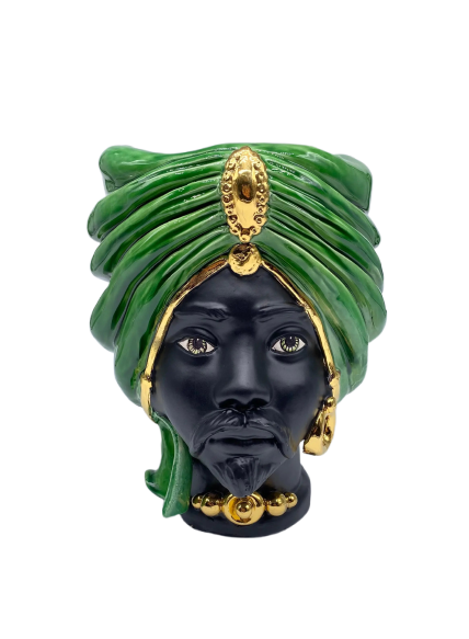 Teste di Moro Atena Ceramica Caltagirone cm H.24 L.18 Artigianale Verde Cristallo Opaco Oro DD CERAMICHE SICILIANE
