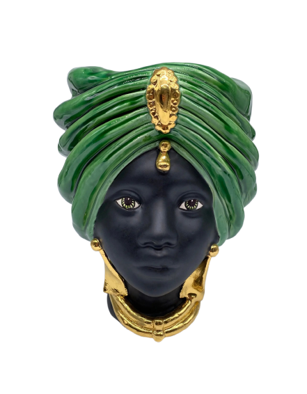 Teste di Moro Atena Ceramica Caltagirone cm H.24 L.18 Artigianale Verde Cristallo Opaco Oro DD CERAMICHE SICILIANE