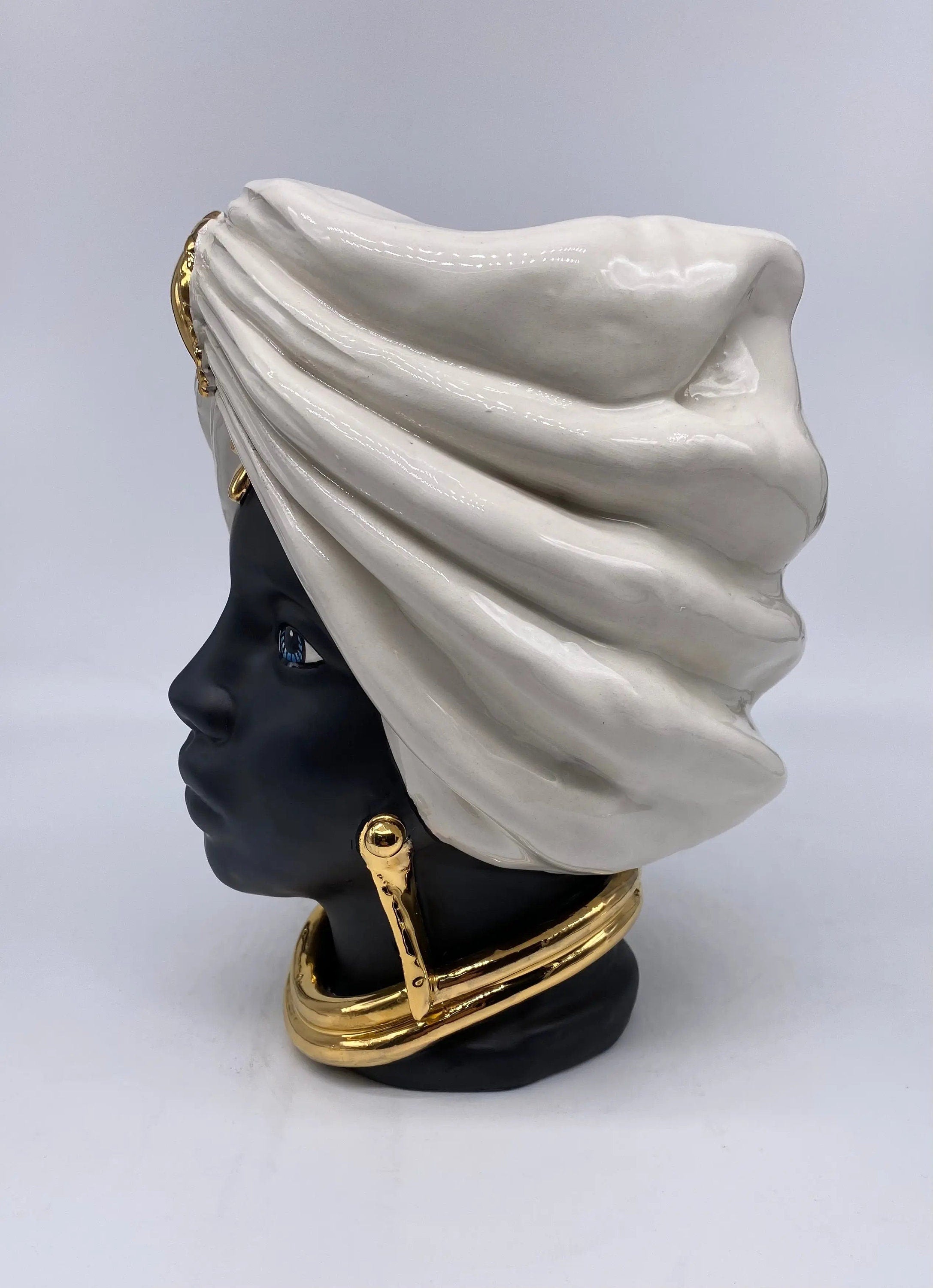 Teste di Moro Atena Ceramica Caltagirone cm H.24 L.18 Artigianale Bianco Nero Oro DD CERAMICHE SICILIANE