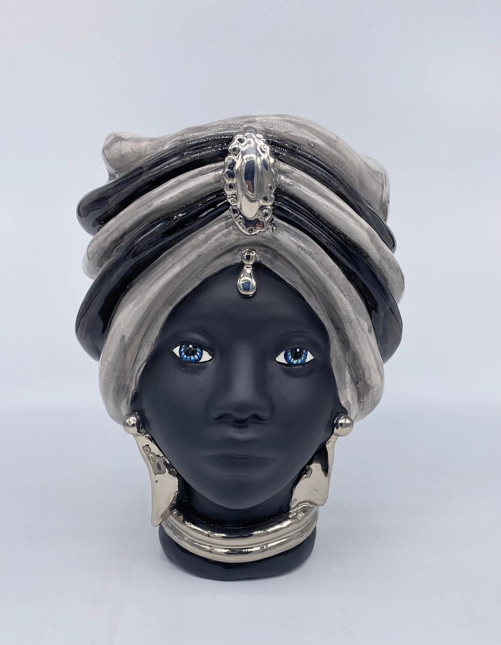 Teste di Moro Atena Ceramica Caltagirone cm H.24 L.18 Artigianale Grigio Nero Platino DD CERAMICHE SICILIANE