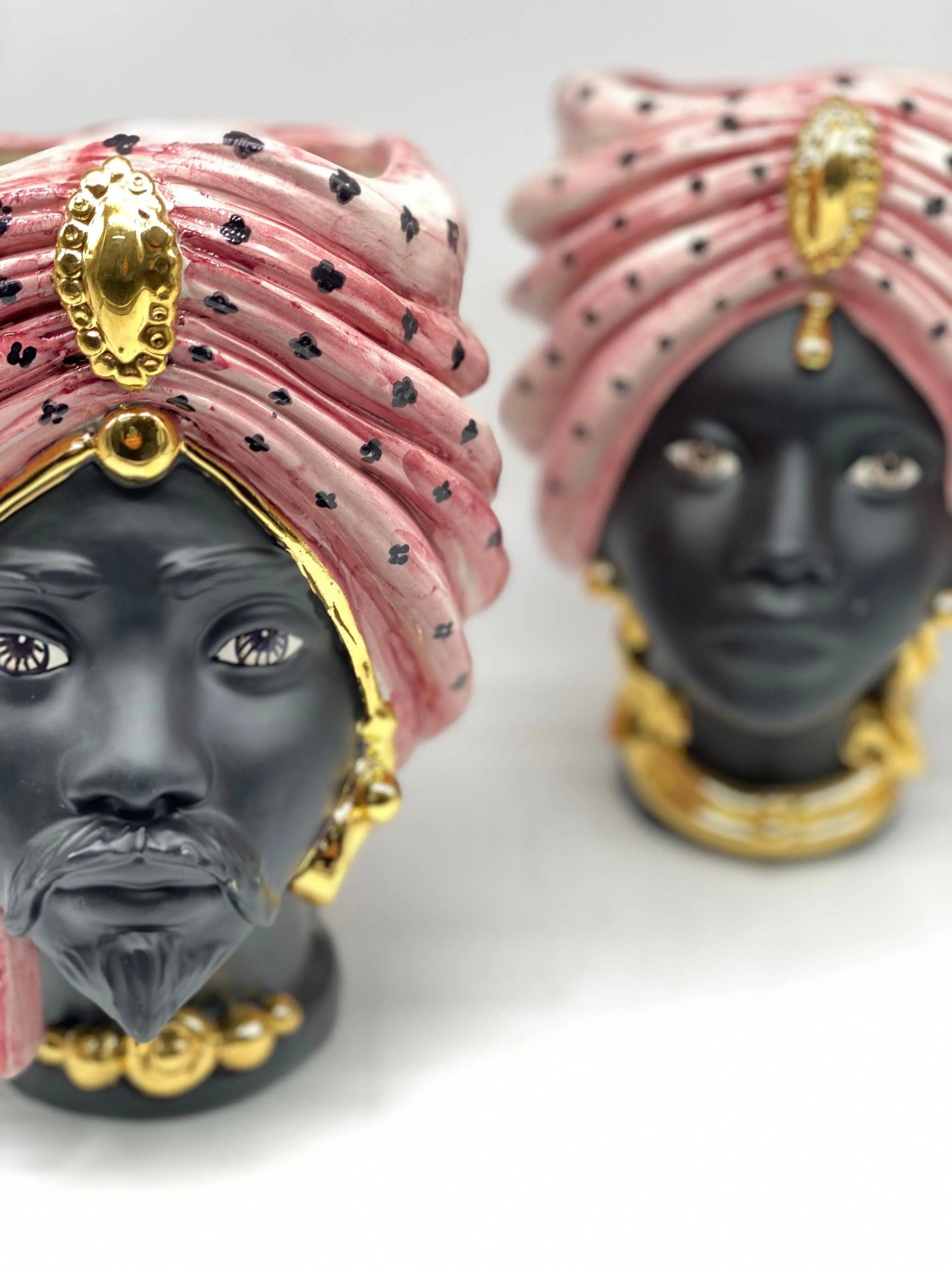 Teste di Moro Atena Ceramica Caltagirone cm H.24 L.18 Artigianale Rosa Pois Nero Oro DD CERAMICHE SICILIANE