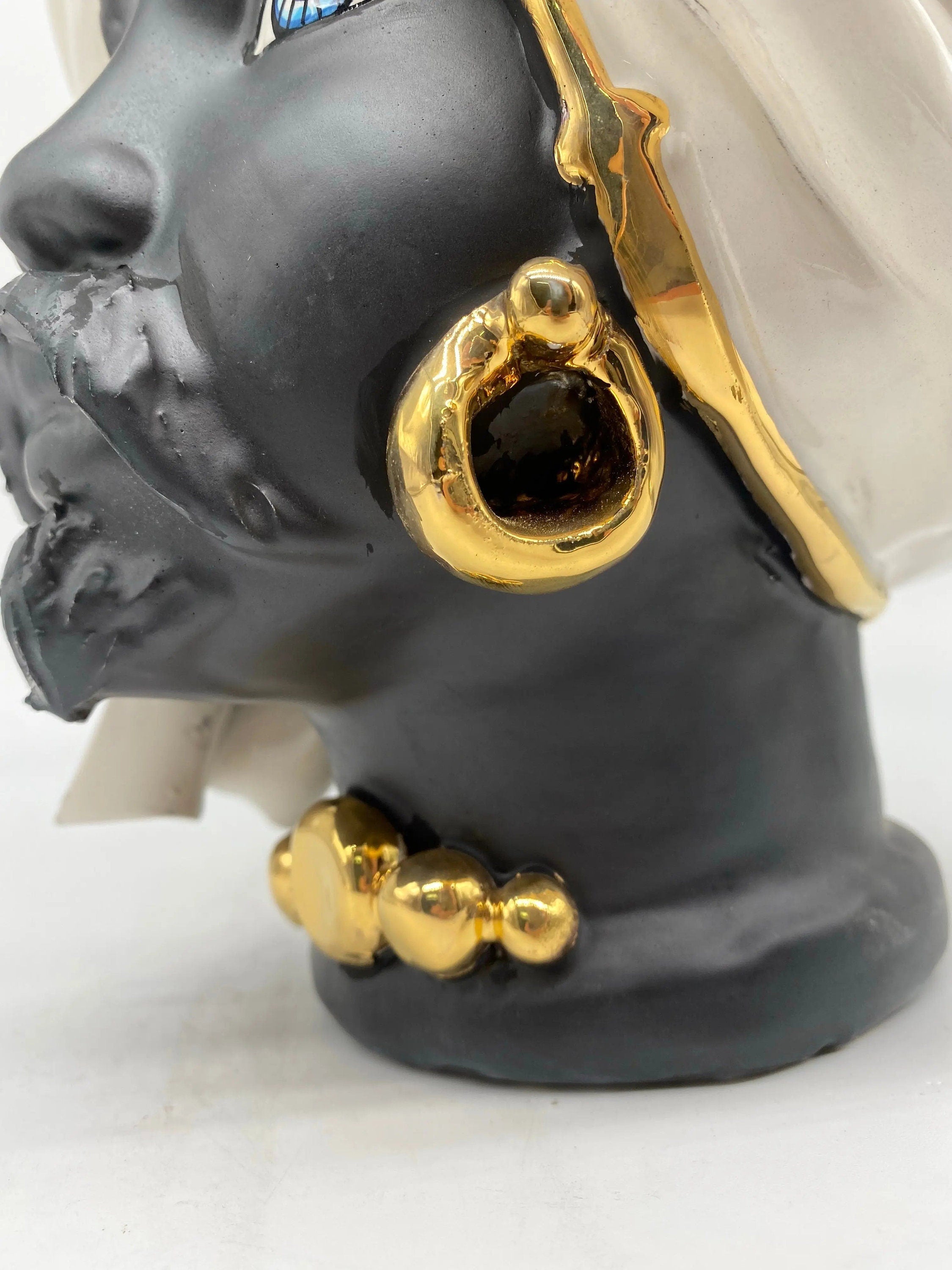 Teste di Moro Atena Ceramica Caltagirone cm H.24 L.18 Artigianale Bianco Nero Oro DD CERAMICHE SICILIANE