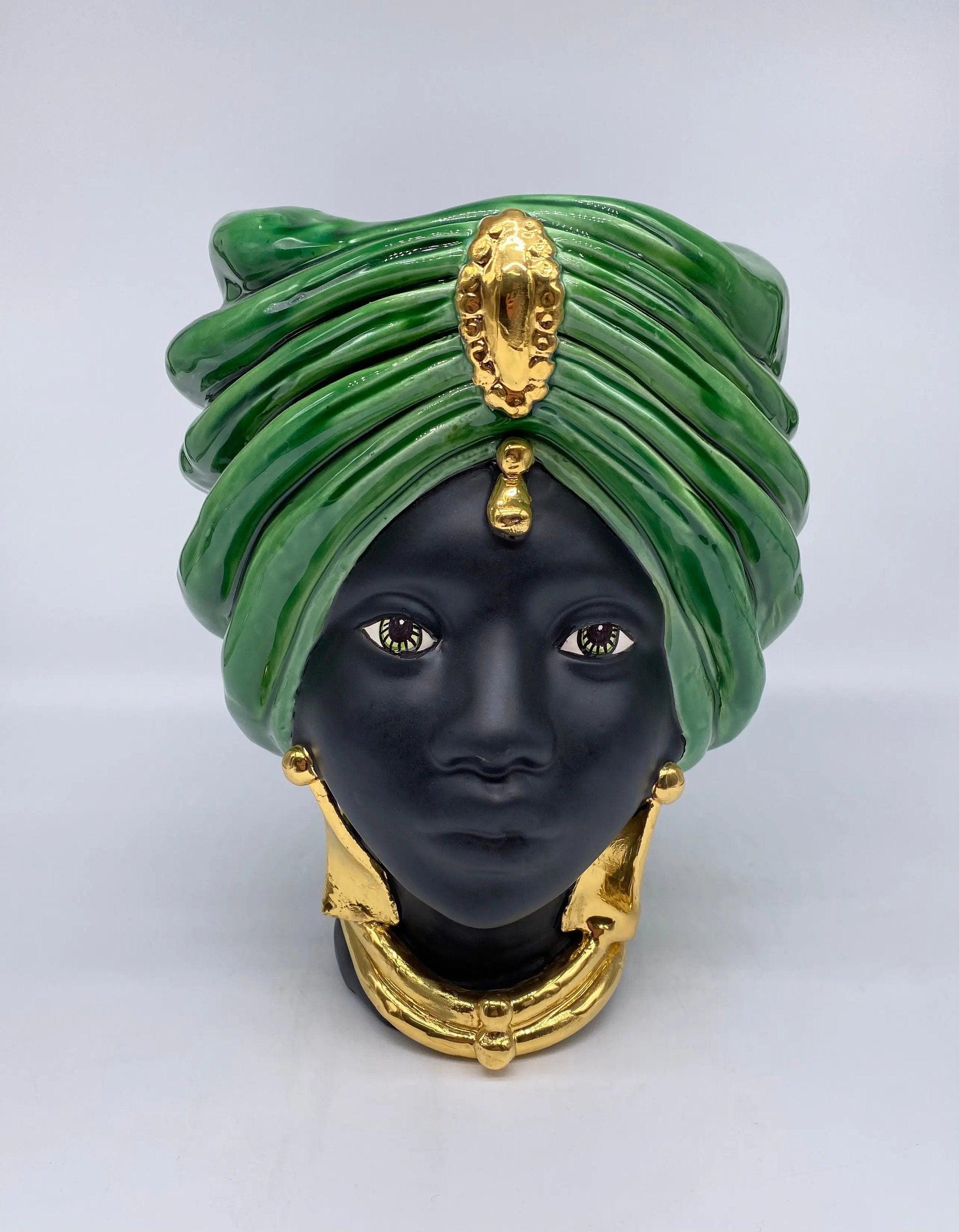 Teste di Moro Atena Ceramica Caltagirone cm H.24 L.18 Artigianale Verde Cristallo Opaco Oro DD CERAMICHE SICILIANE