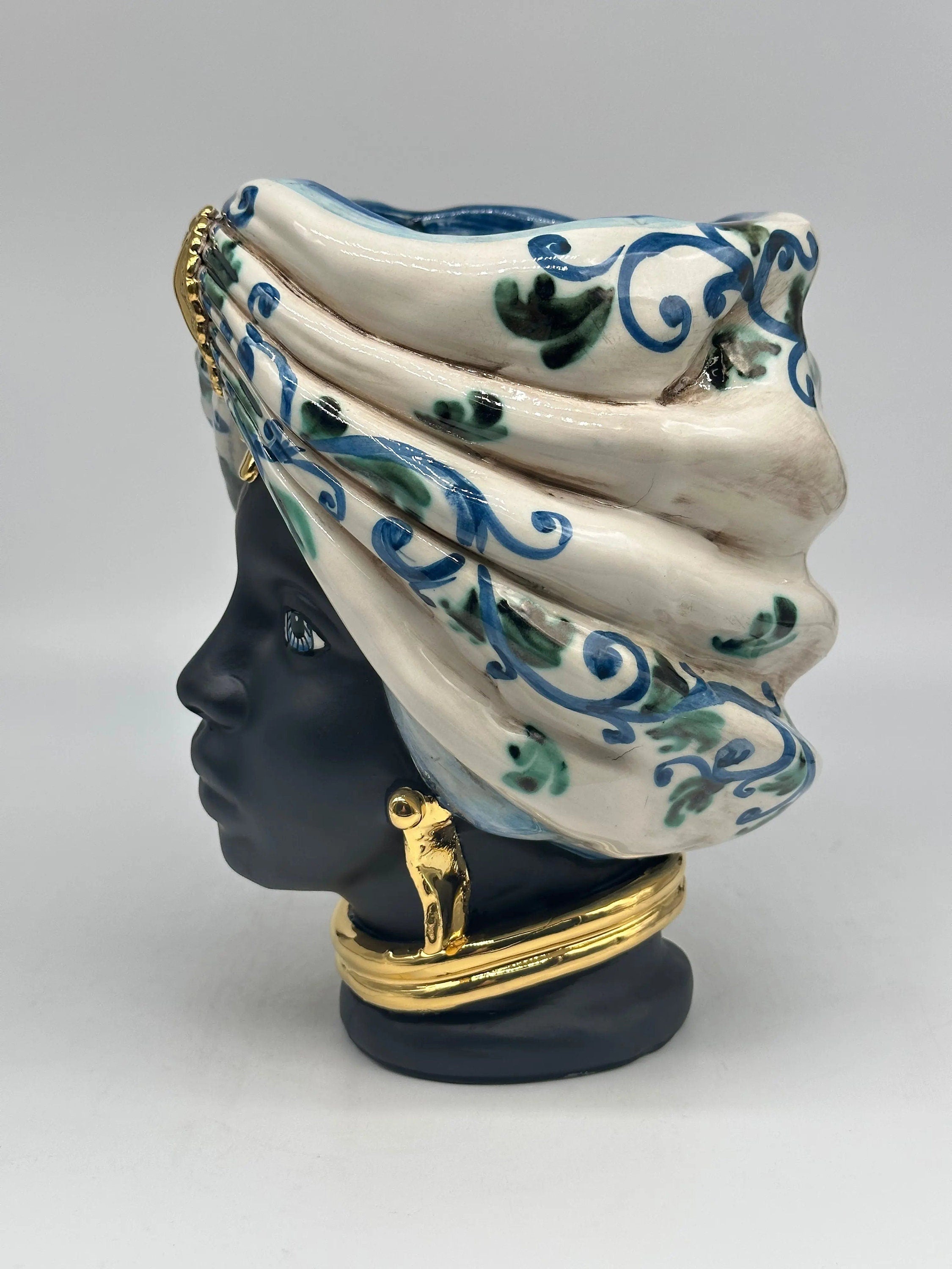 Teste di Moro Atena Ceramica Caltagirone cm H.24 L.18 Artigianale Bianco Barocco Blu Verde Oro DD CERAMICHE SICILIANE