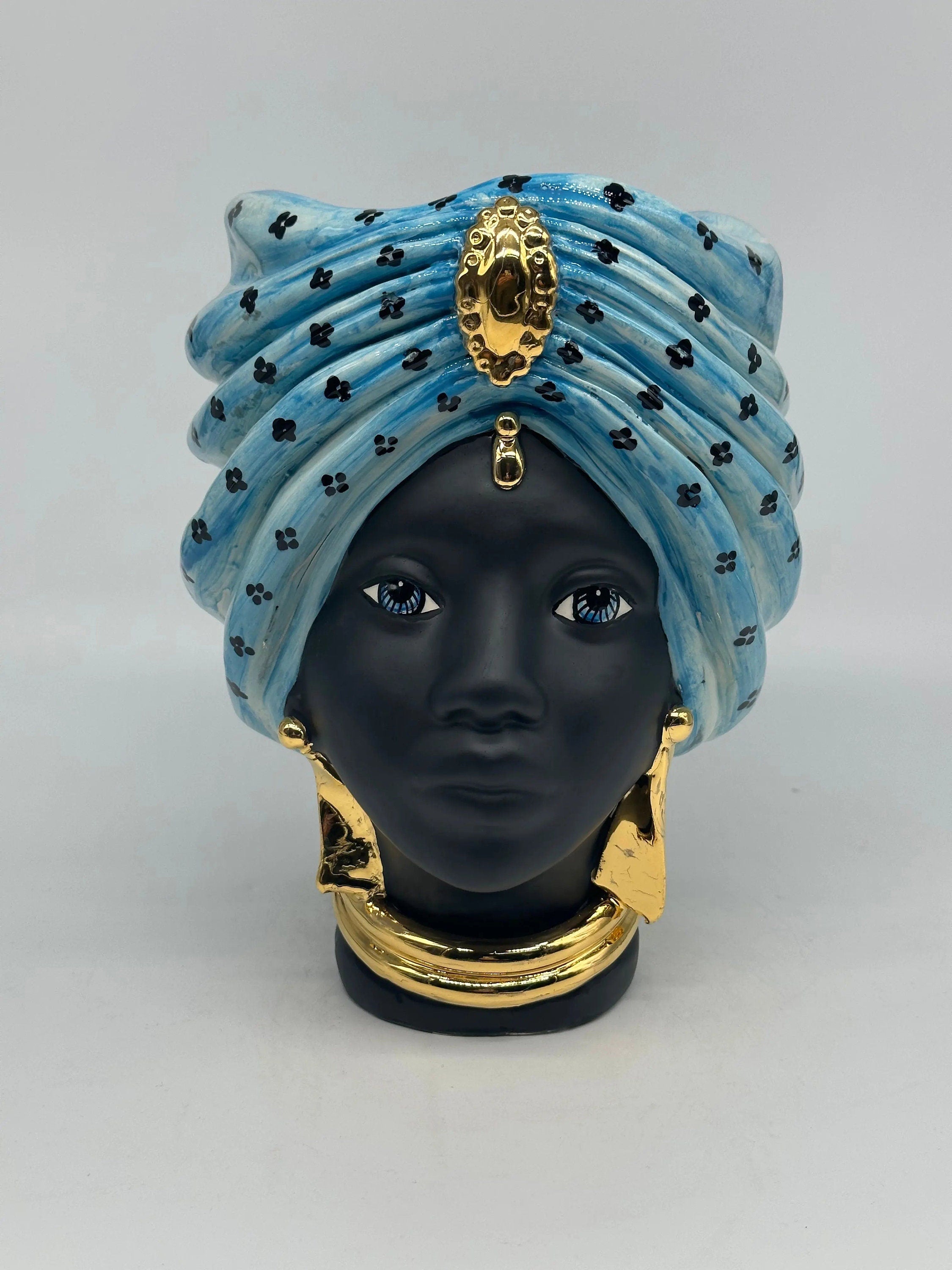 Teste di Moro Atena Ceramica Caltagirone cm H.24 L.18 Artigianale Celeste Pois Nero Oro DD CERAMICHE SICILIANE