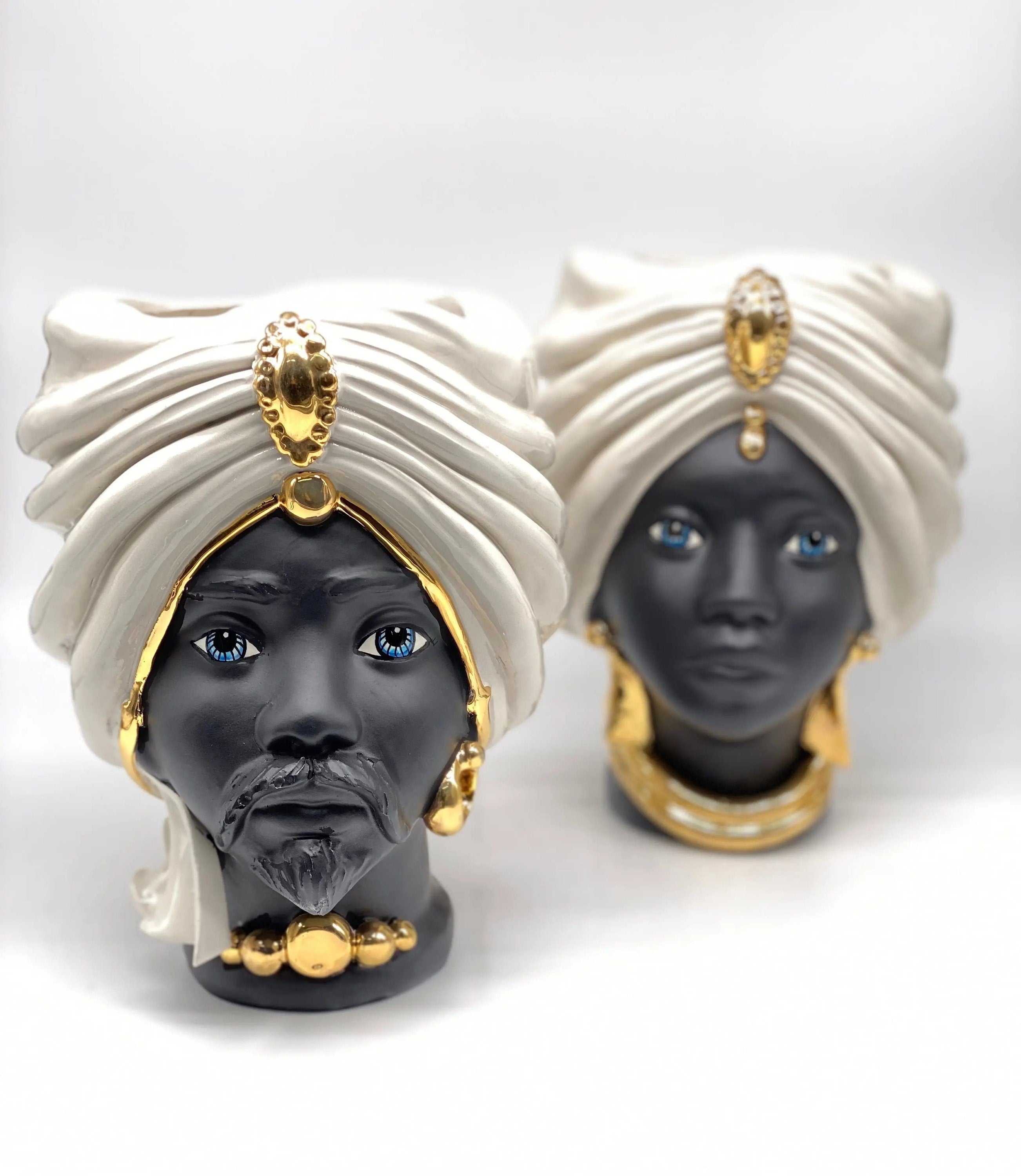 Teste di Moro Atena Ceramica Caltagirone cm H.24 L.18 Artigianale Bianco Nero Oro DD CERAMICHE SICILIANE