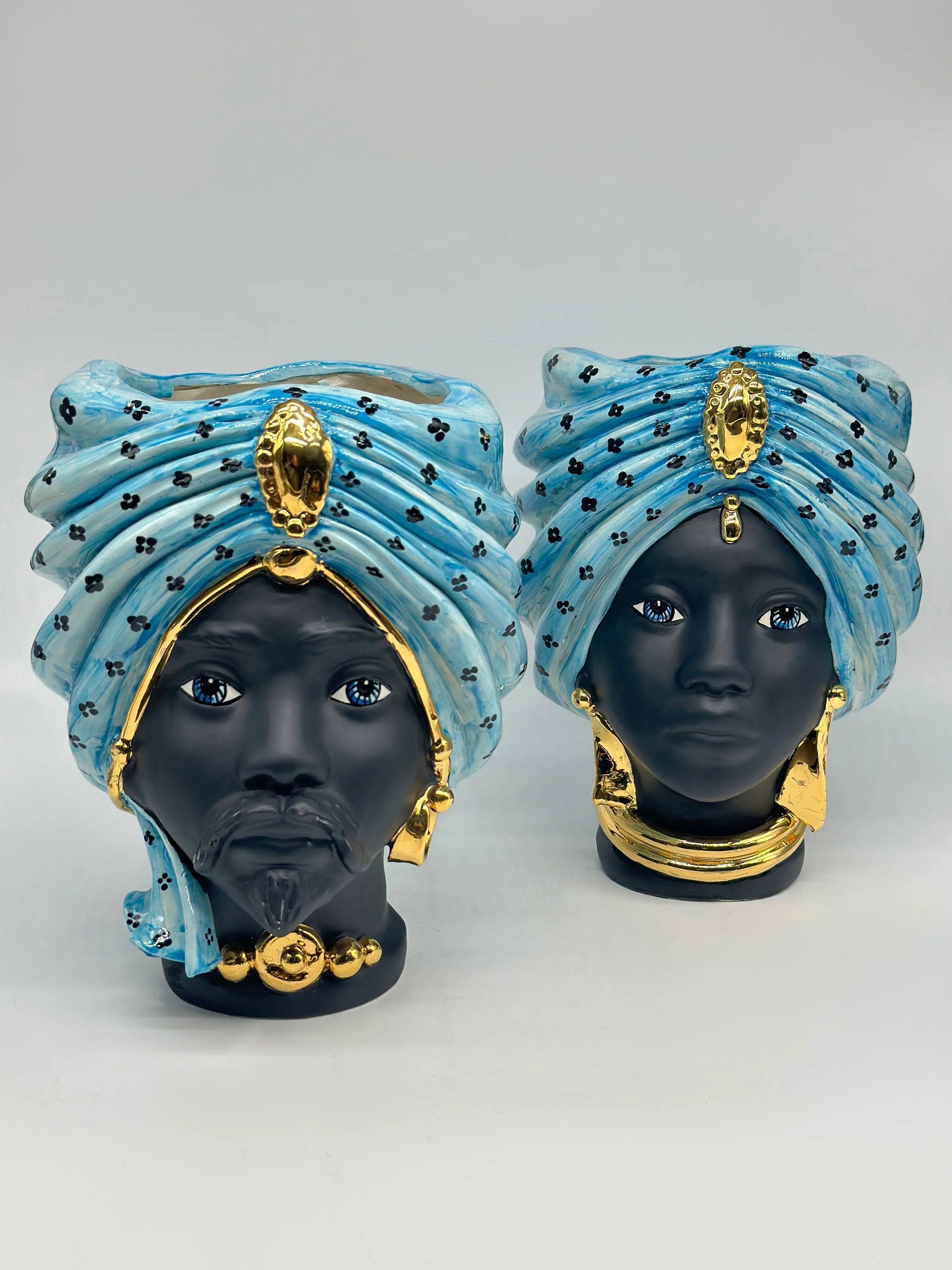 Teste di Moro Atena Ceramica Caltagirone cm H.24 L.18 Artigianale Celeste Pois Nero Oro DD CERAMICHE SICILIANE