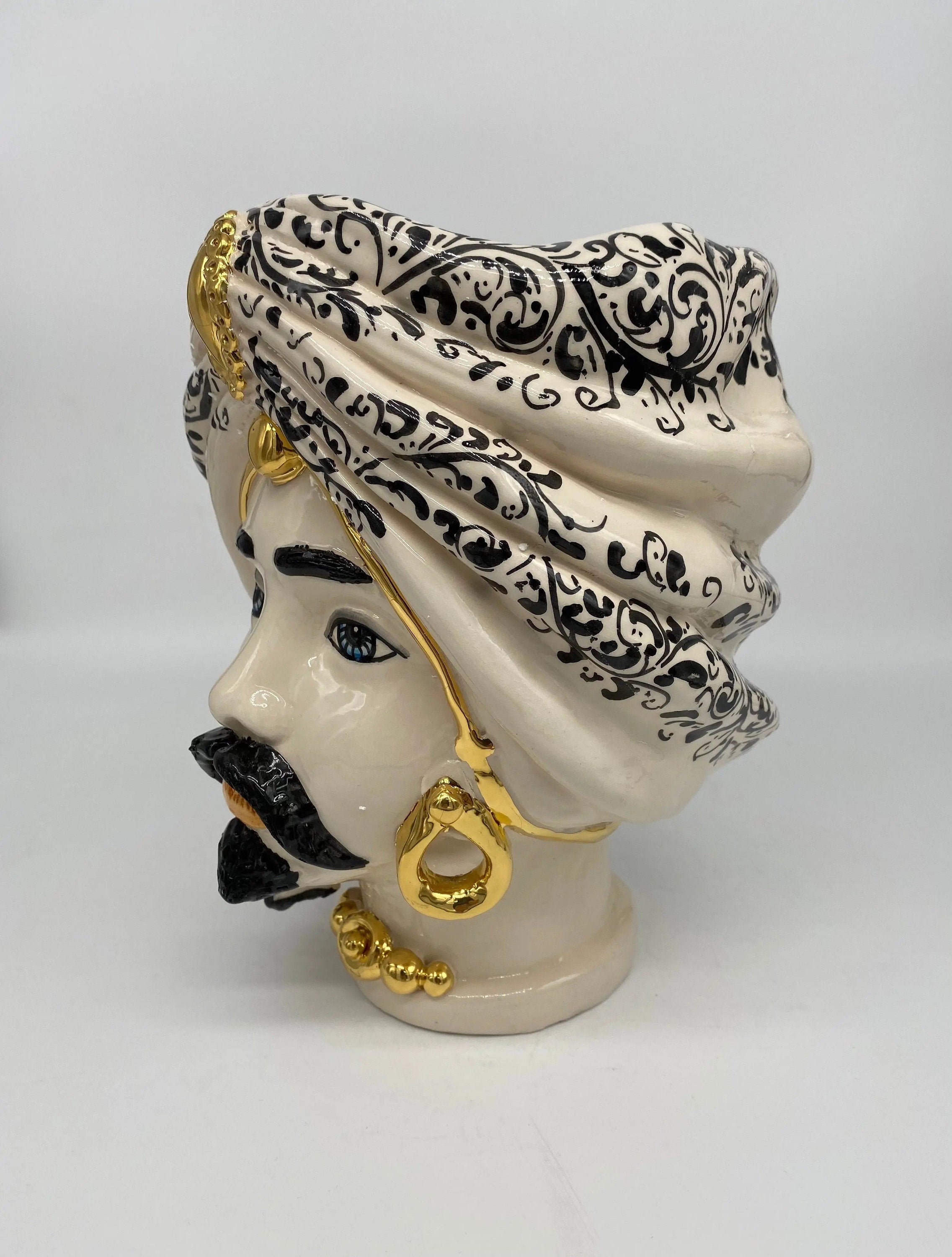 Teste di Moro Atena Ceramica Caltagirone cm H.24 L.18 Artigianale Bianco Decoro Barocco Oro DD CERAMICHE SICILIANE