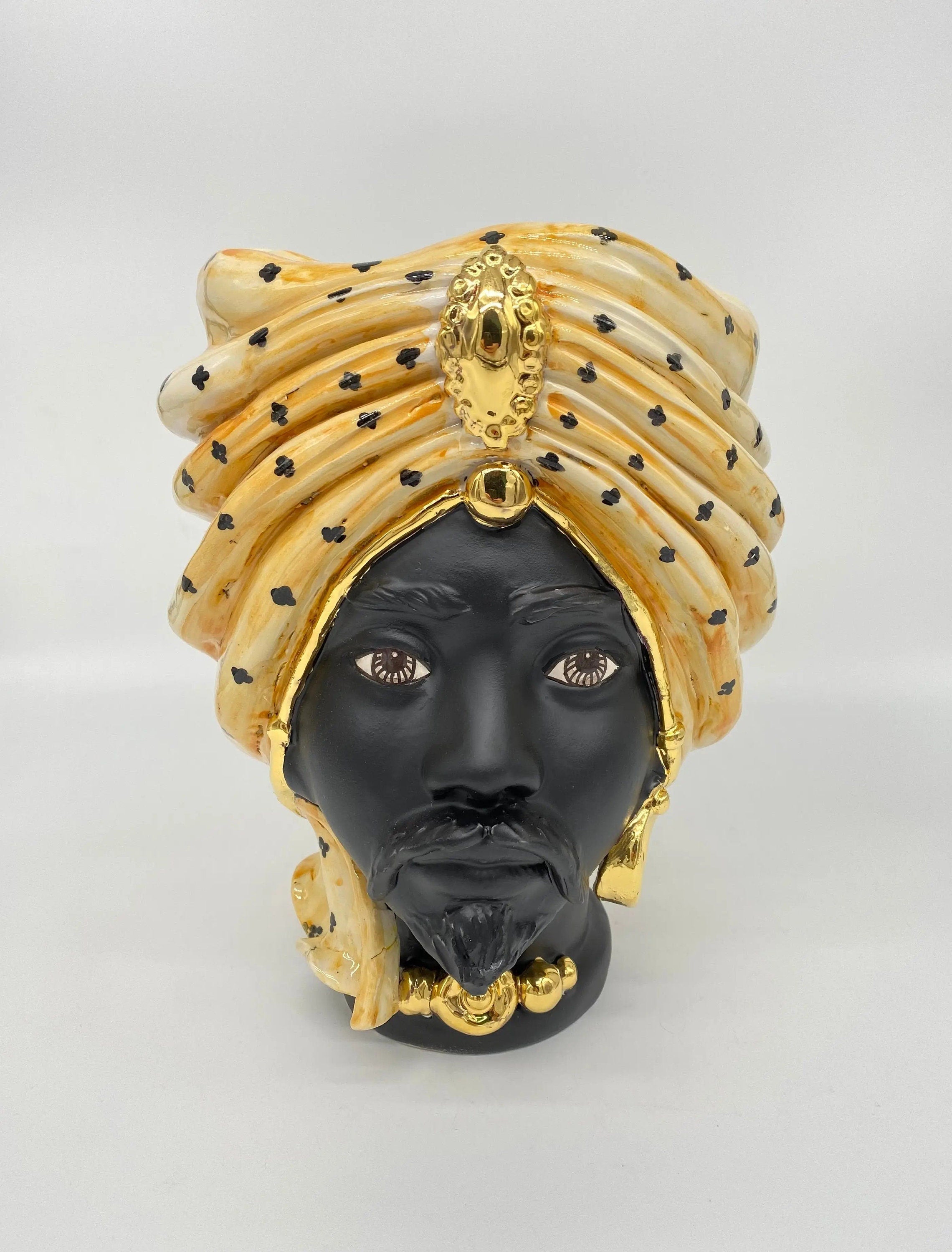 Teste di Moro Atena Ceramica Caltagirone cm H.24 L.18 Artigianale Arancio Pois Nero Oro DD CERAMICHE SICILIANE