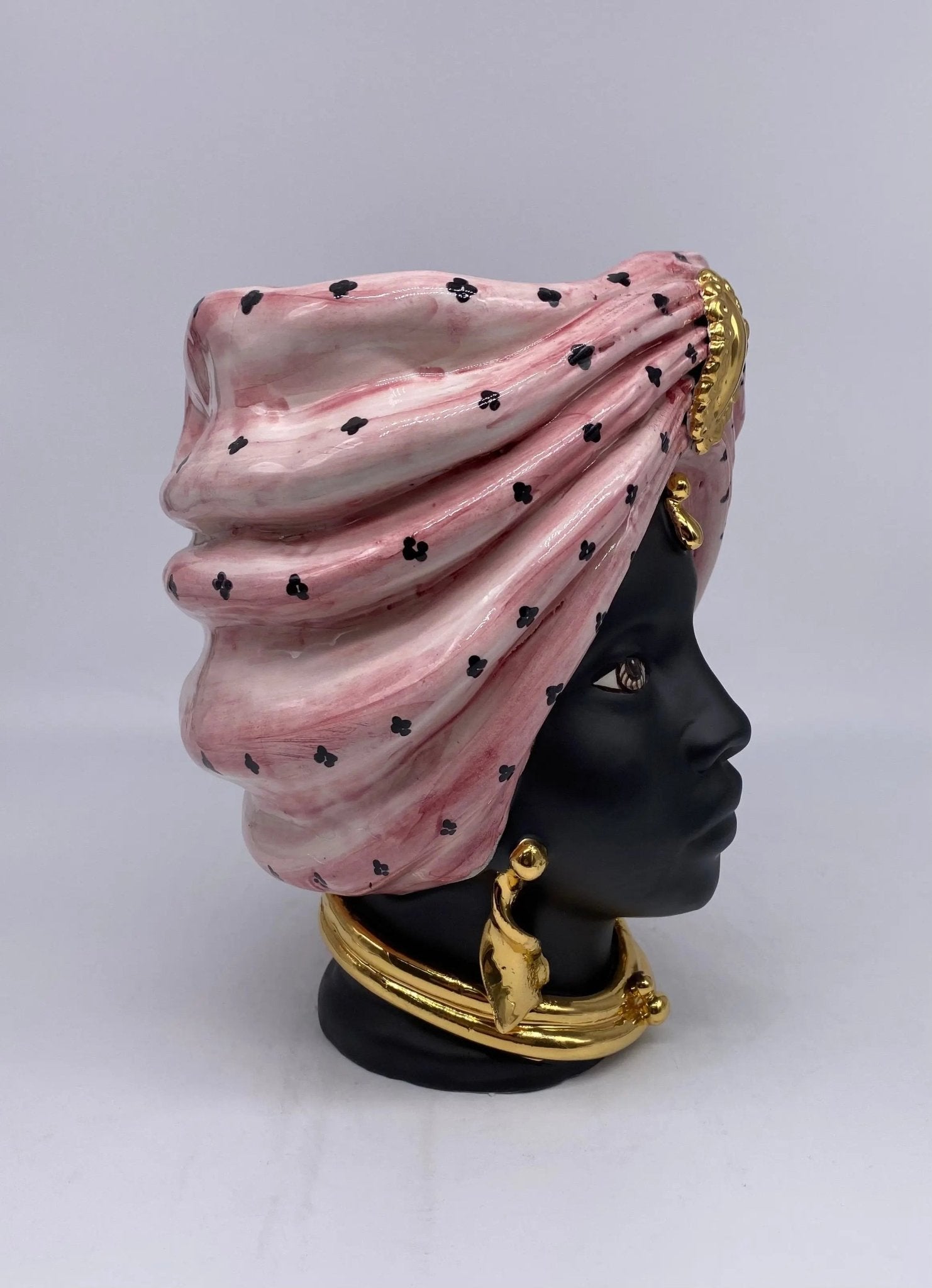 Teste di Moro Atena Ceramica Caltagirone cm H.24 L.18 Artigianale Rosa Pois Nero Oro - DD CERAMICHE SICILIANE