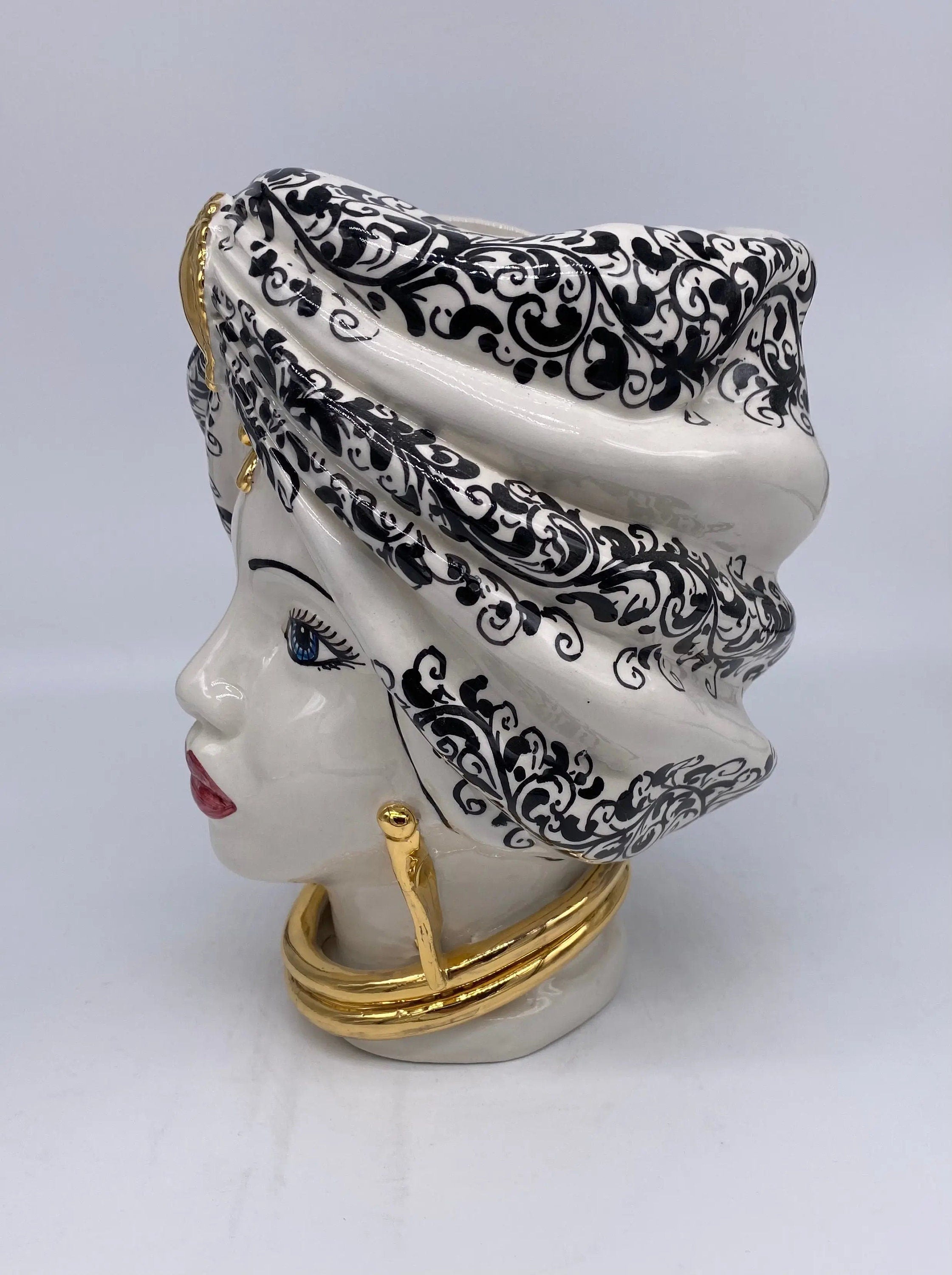 Teste di Moro Atena Ceramica Caltagirone cm H.24 L.18 Artigianale Opaco Bianco Barocco Oro DD CERAMICHE SICILIANE