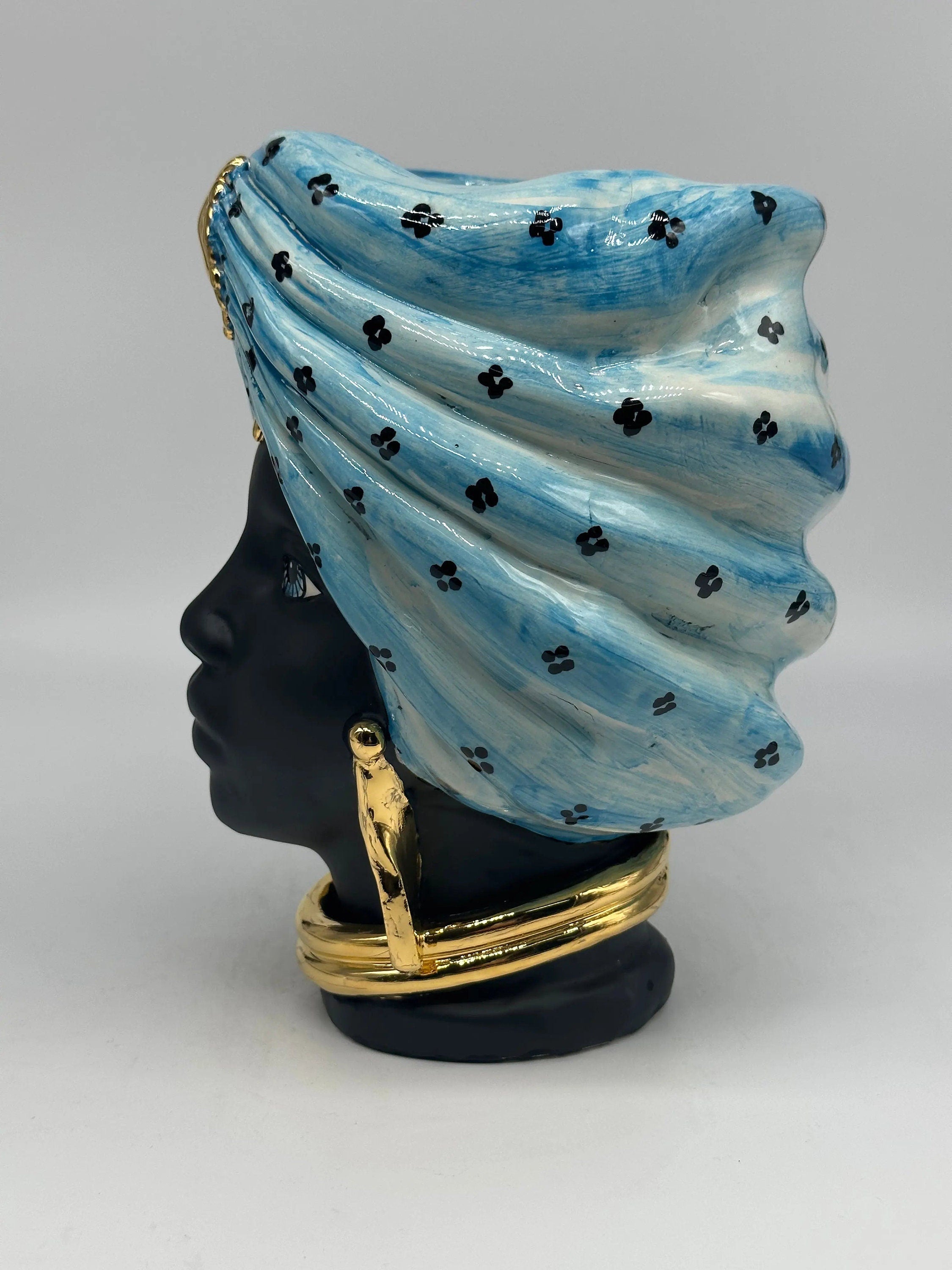 Teste di Moro Atena Ceramica Caltagirone cm H.24 L.18 Artigianale Celeste Pois Nero Oro DD CERAMICHE SICILIANE