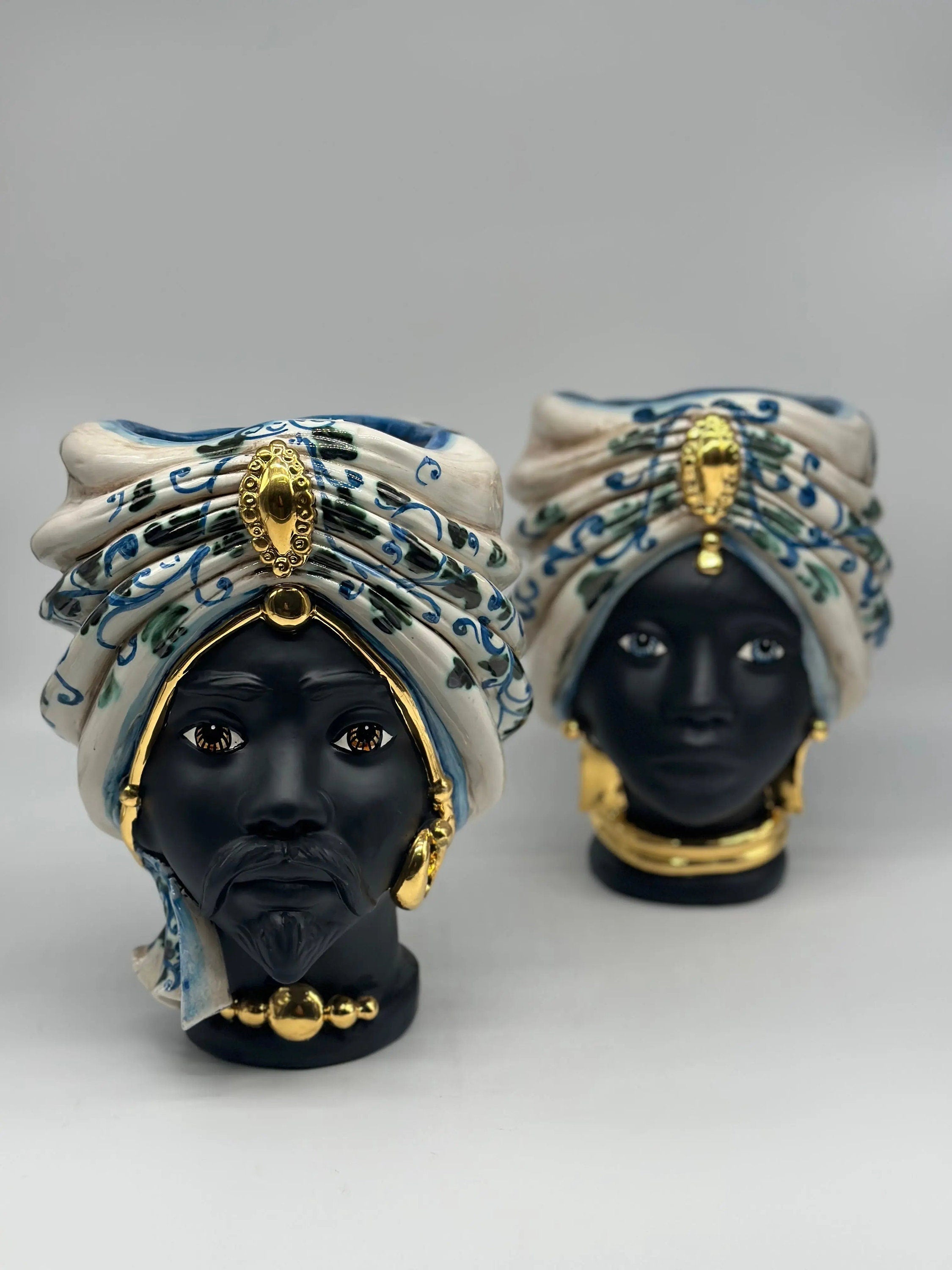 Teste di Moro Atena Ceramica Caltagirone cm H.24 L.18 Artigianale Bianco Barocco Blu Verde Oro DD CERAMICHE SICILIANE