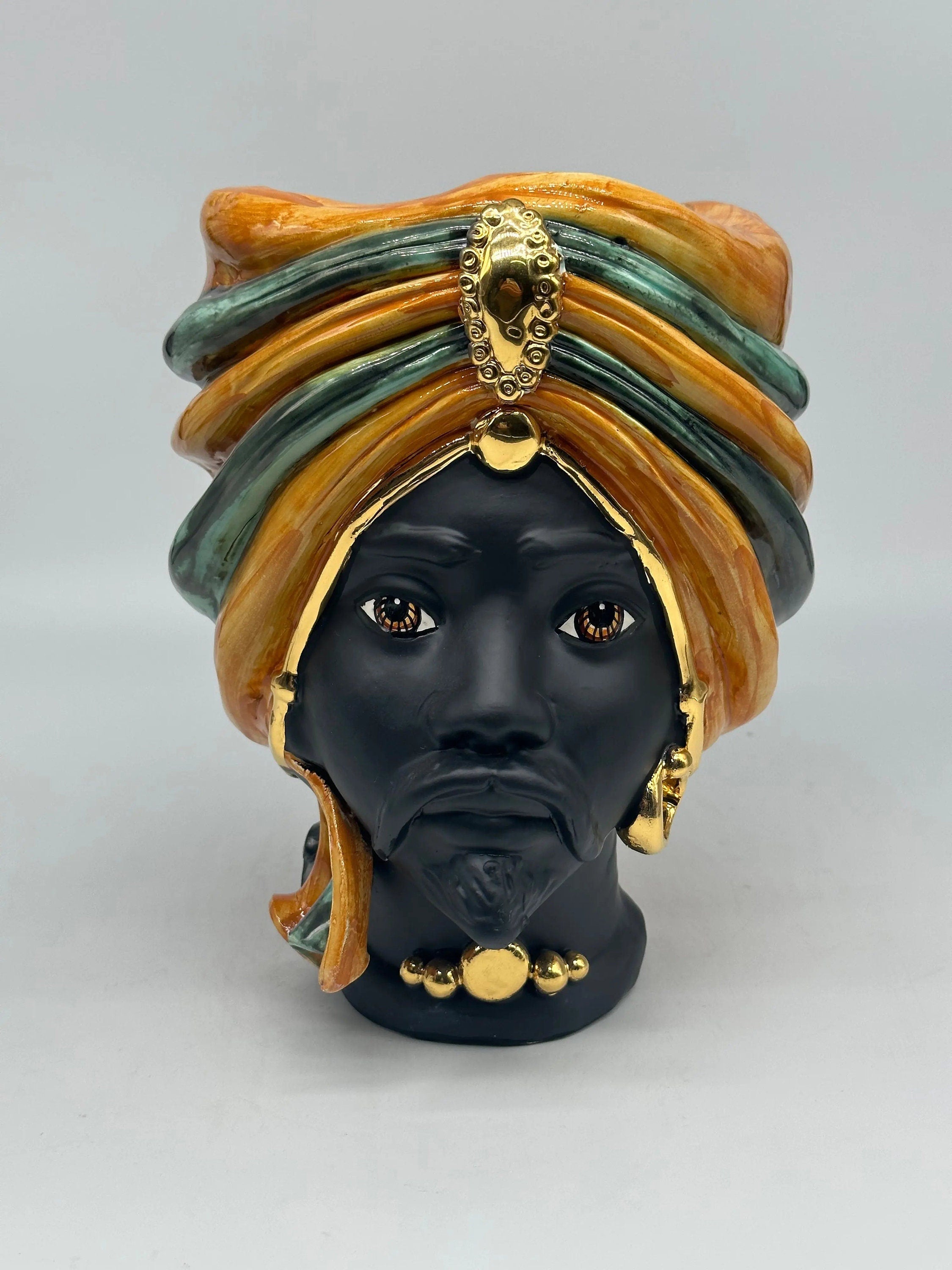 Teste di Moro Atena Ceramica Caltagirone cm H.24 L.18 Artigianale Ocra Verde Nero Oro DD CERAMICHE SICILIANE