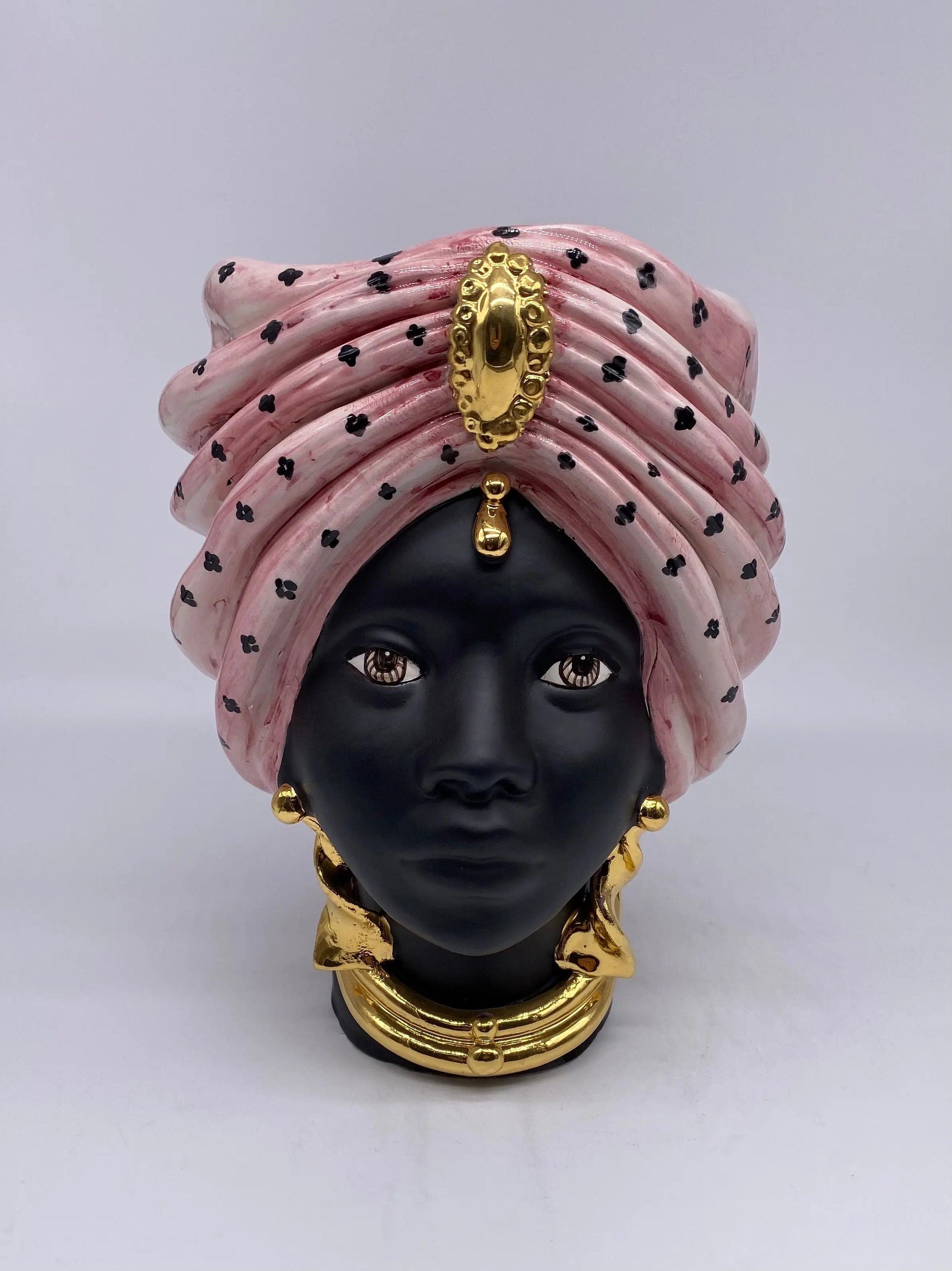 Teste di Moro Atena Ceramica Caltagirone cm H.24 L.18 Artigianale Rosa Pois Nero Oro DD CERAMICHE SICILIANE