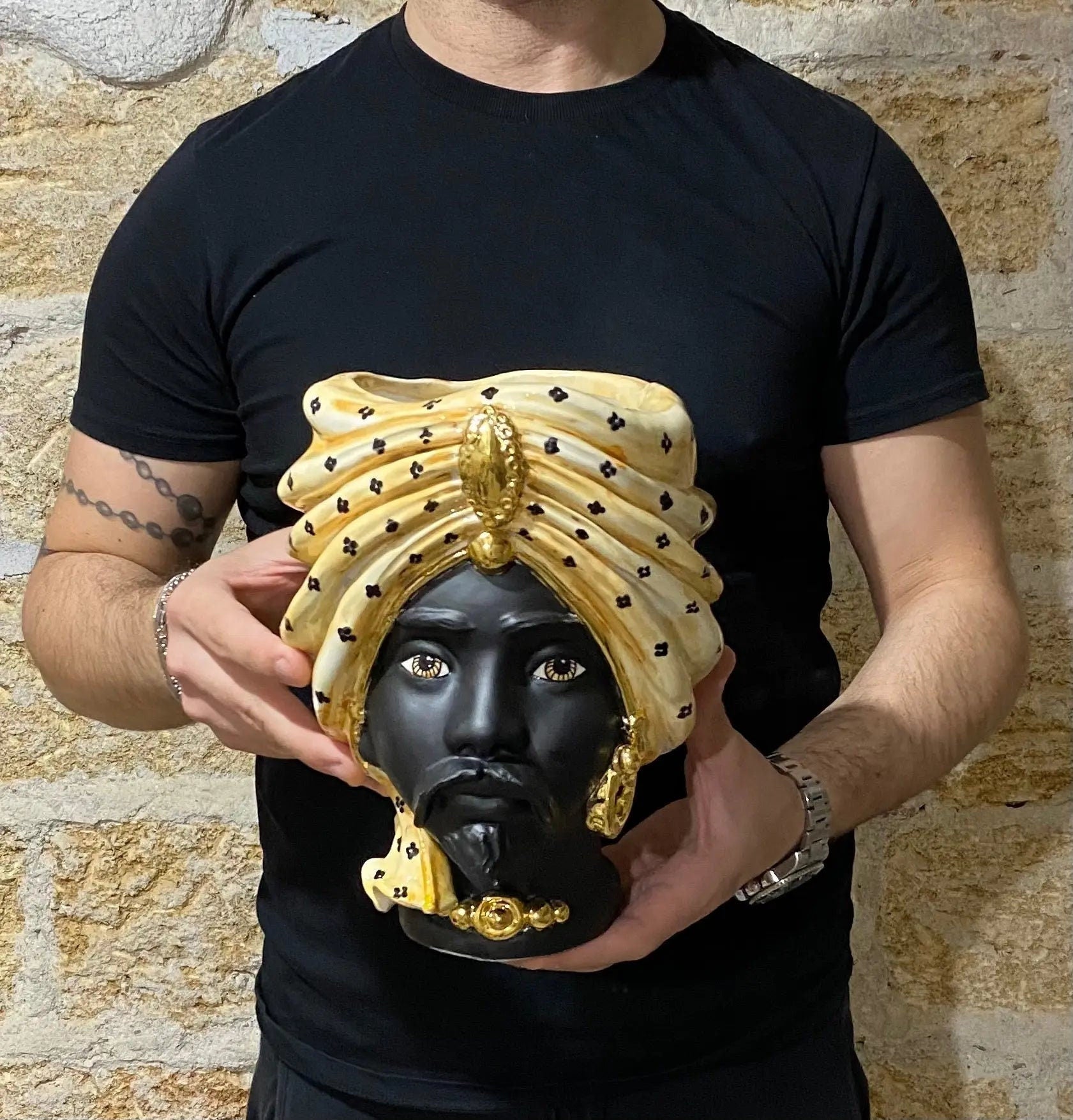 Teste di Moro Atena Ceramica Caltagirone cm H.24 L.18 Artigianale Arancio Pois Nero Oro DD CERAMICHE SICILIANE