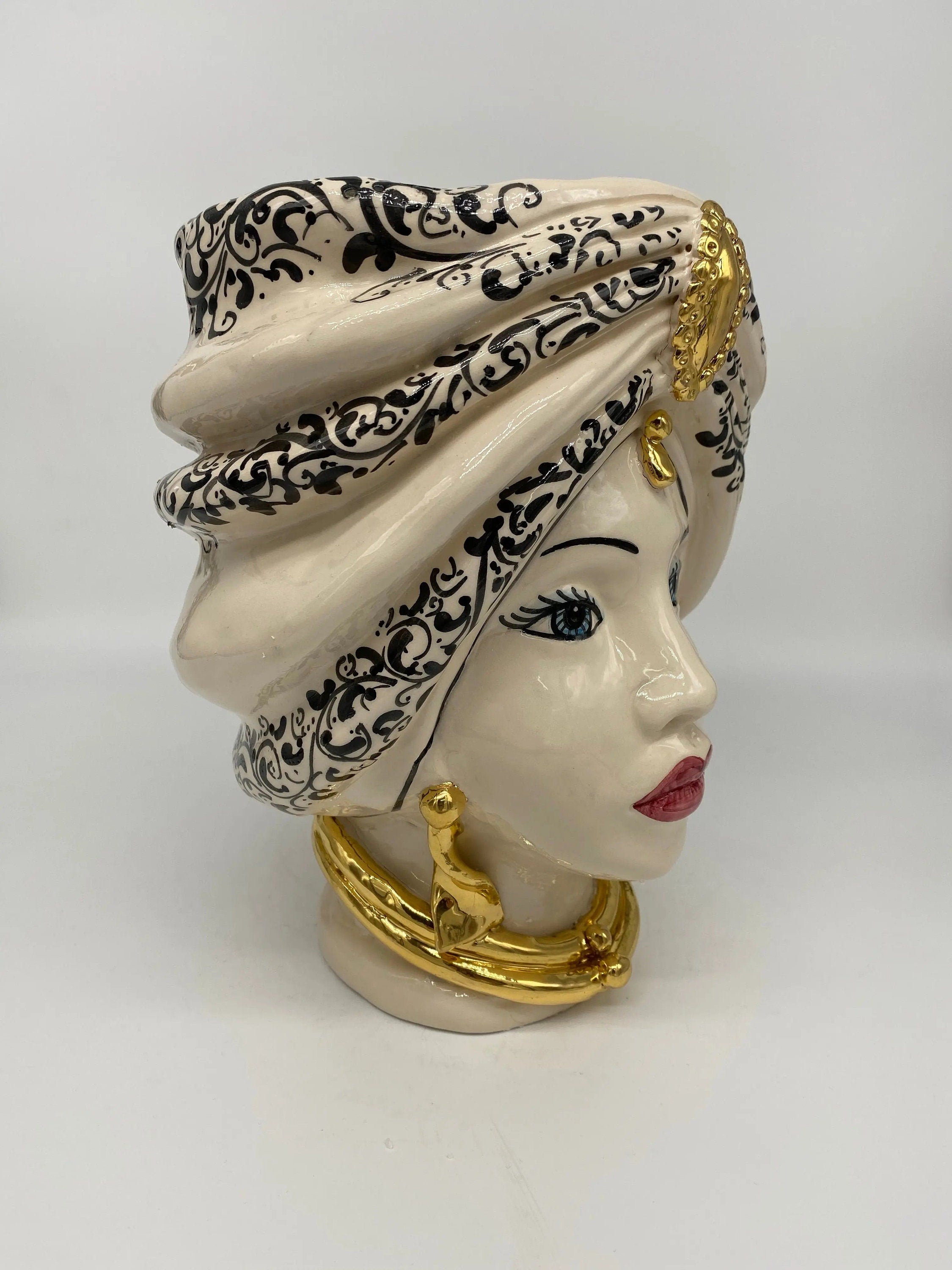 Teste di Moro Atena Ceramica Caltagirone cm H.24 L.18 Artigianale Bianco Decoro Barocco Oro DD CERAMICHE SICILIANE