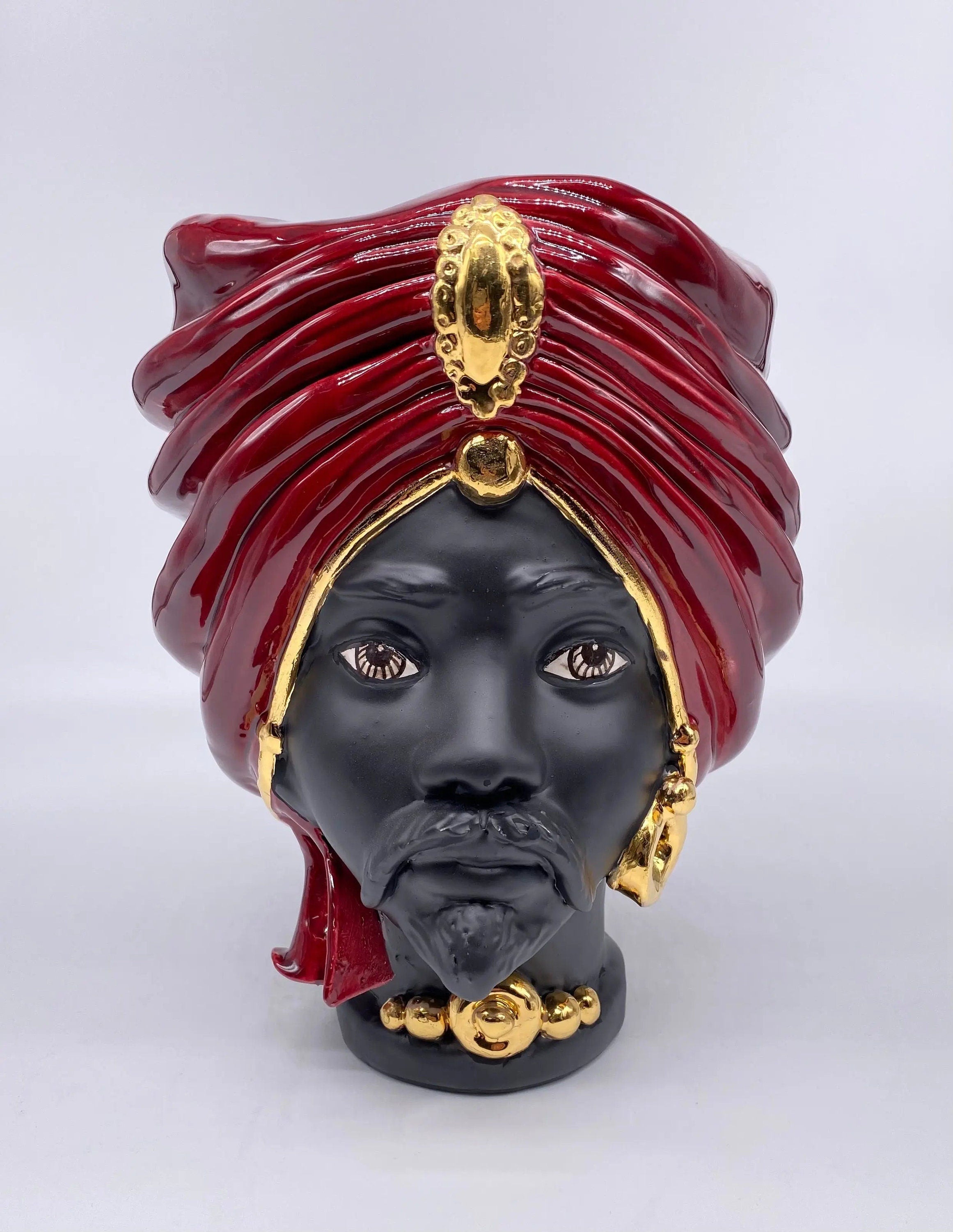 Teste di Moro Atena Ceramica Caltagirone cm H.24 L.18 Artigianale Bordeaux Opaco Oro DD CERAMICHE SICILIANE
