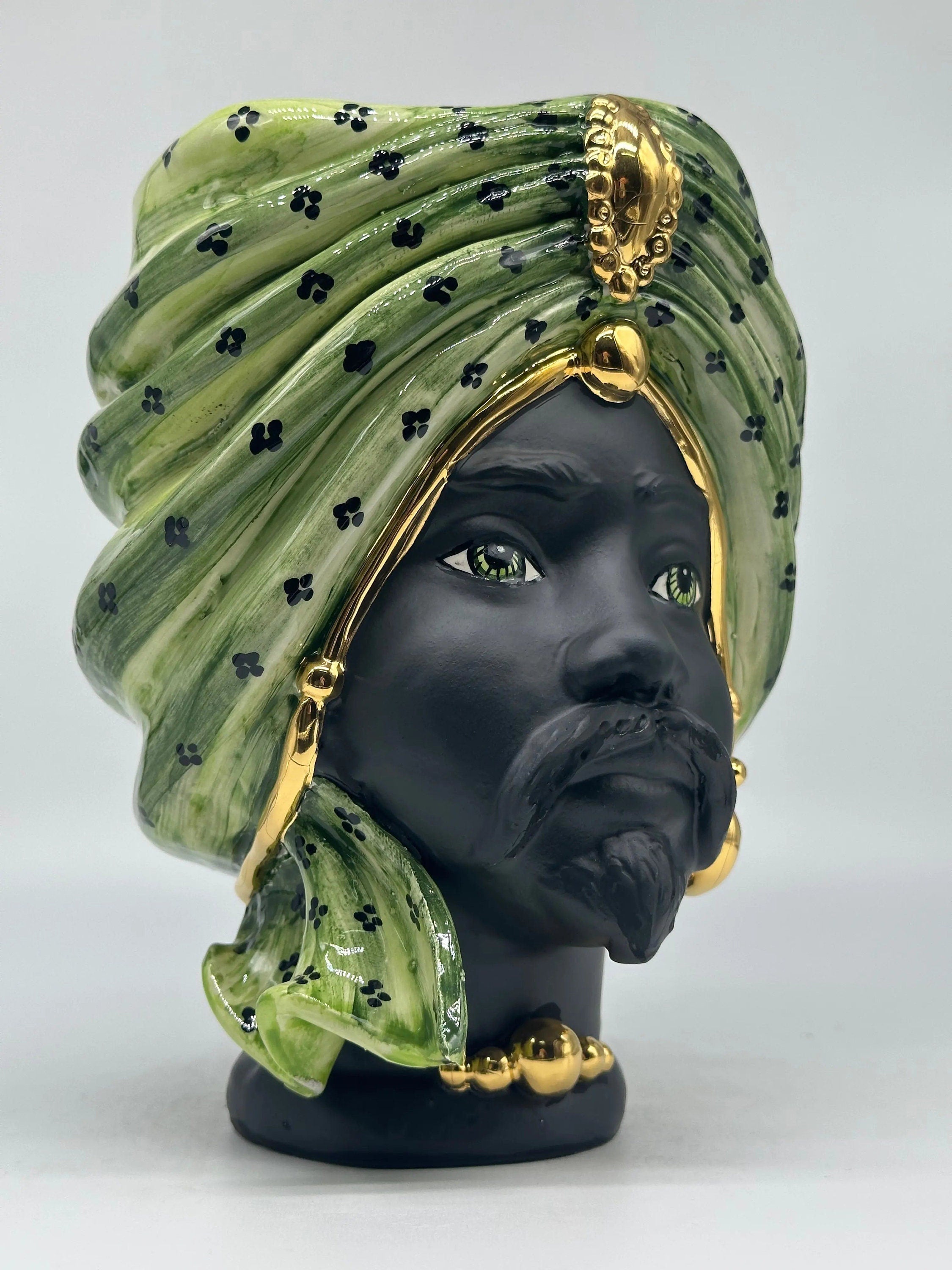 Teste di Moro Atena Ceramica Caltagirone cm H.24 L.18 Artigianale Verde Pois Nero Oro DD CERAMICHE SICILIANE