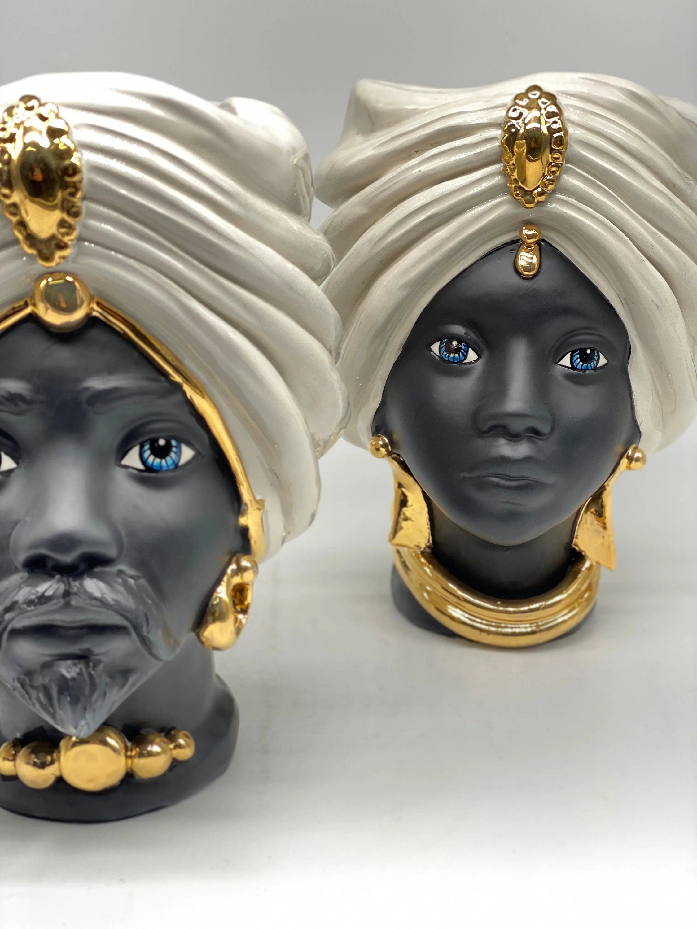 Teste di Moro Atena Ceramica Caltagirone cm H.24 L.18 Artigianale Bianco Nero Oro DD CERAMICHE SICILIANE