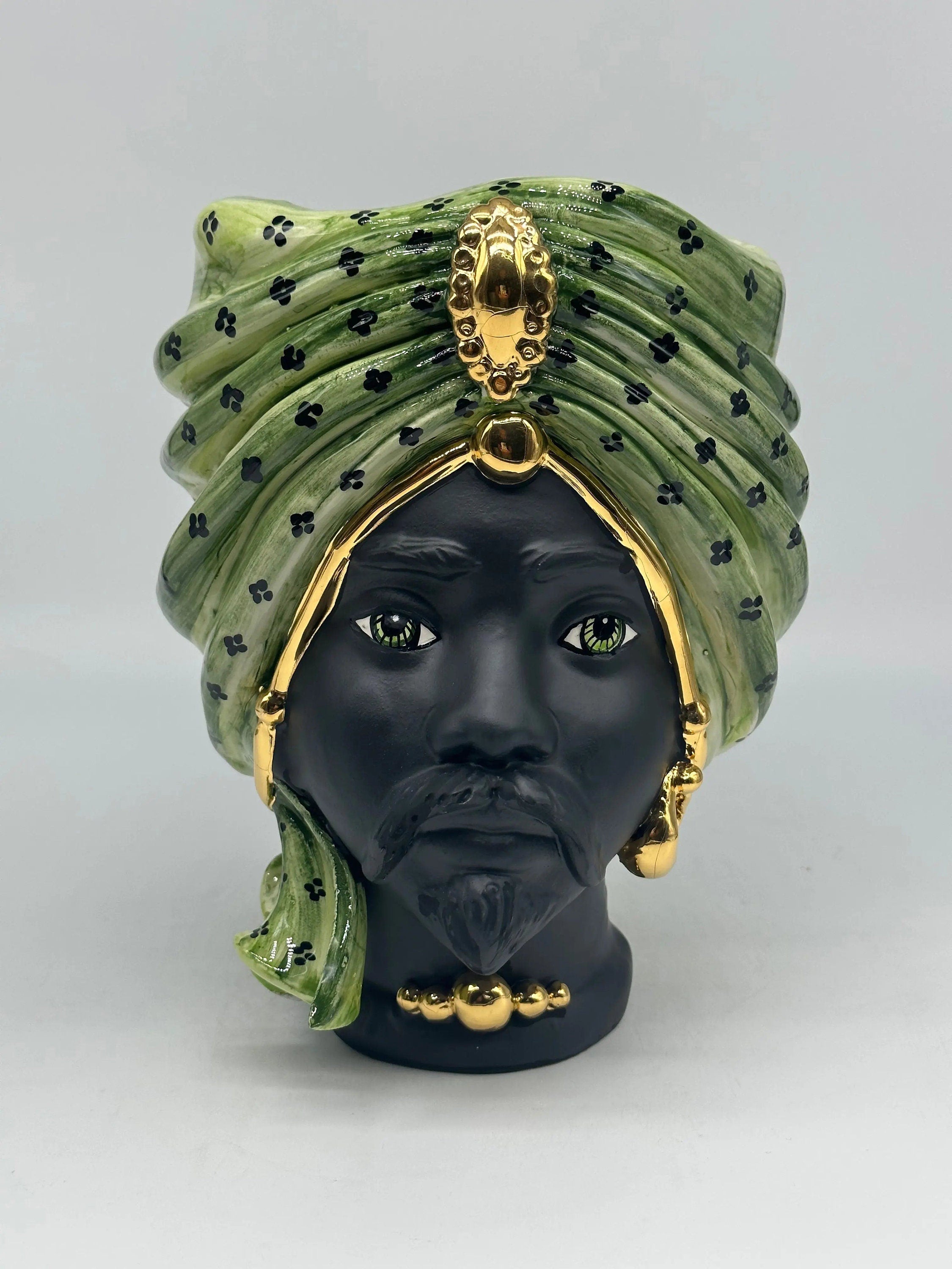 Teste di Moro Atena Ceramica Caltagirone cm H.24 L.18 Artigianale Verde Pois Nero Oro DD CERAMICHE SICILIANE