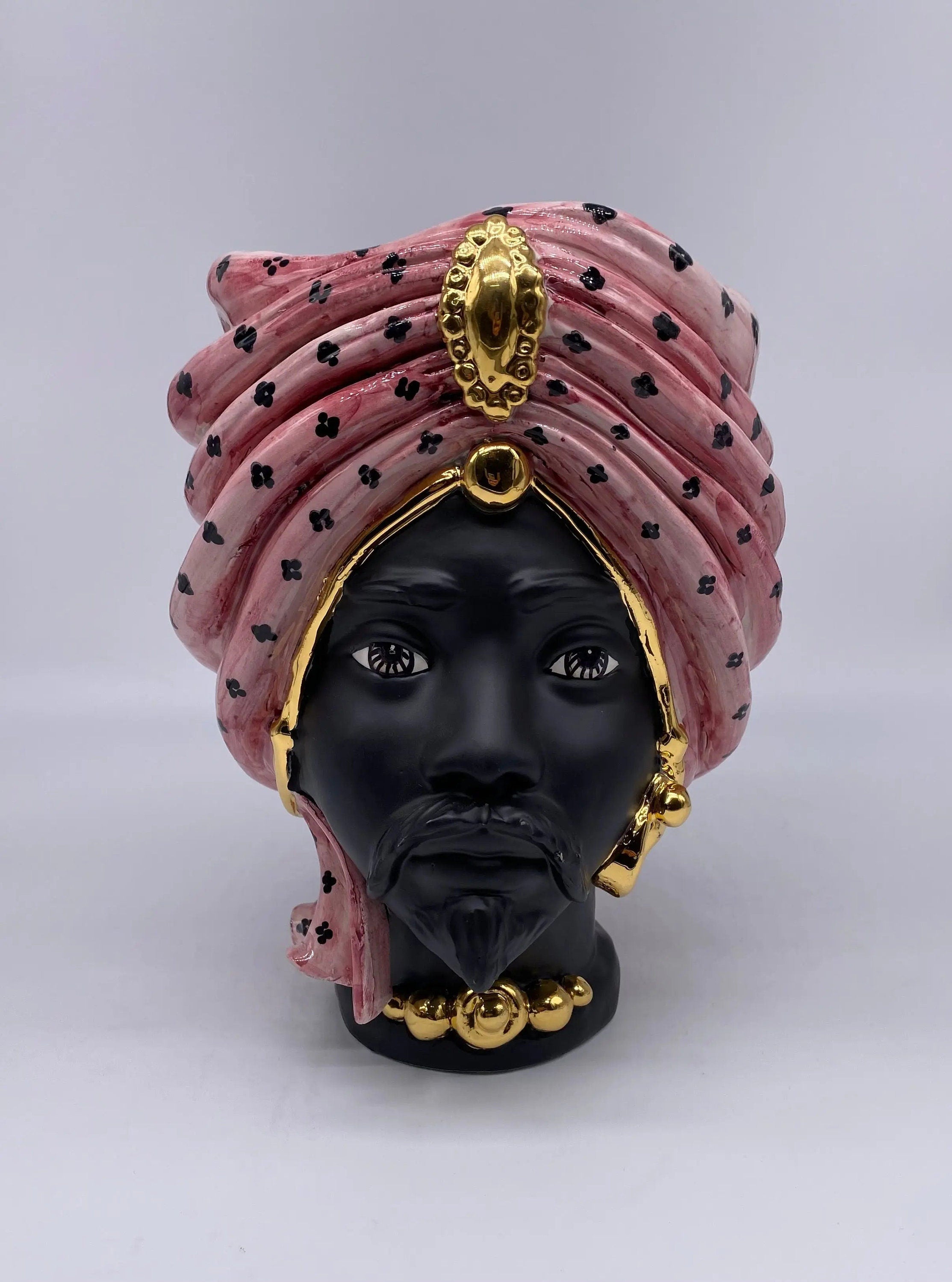 Teste di Moro Atena Ceramica Caltagirone cm H.24 L.18 Artigianale Rosa Pois Nero Oro DD CERAMICHE SICILIANE