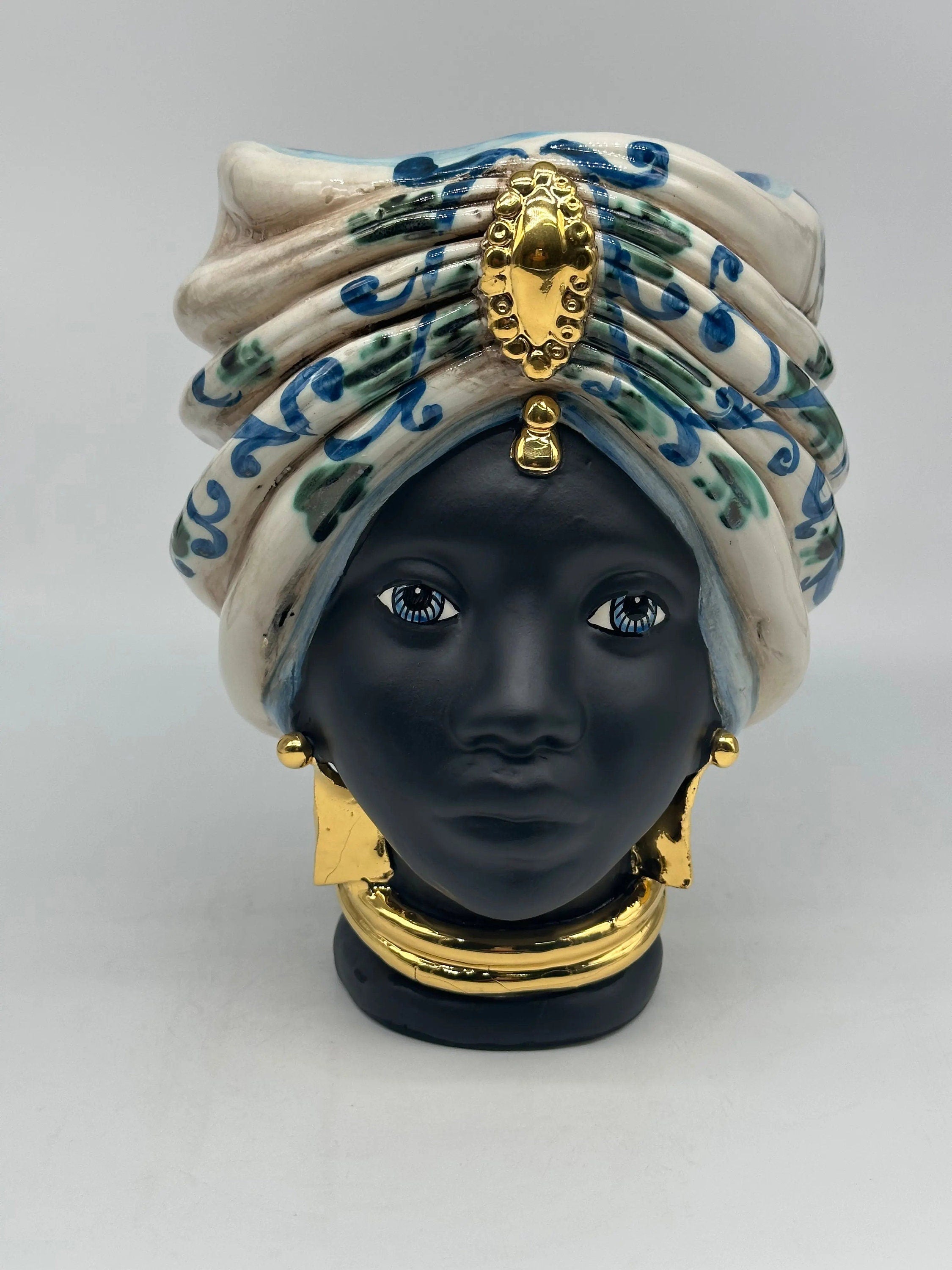 Teste di Moro Atena Ceramica Caltagirone cm H.24 L.18 Artigianale Bianco Barocco Blu Verde Oro DD CERAMICHE SICILIANE
