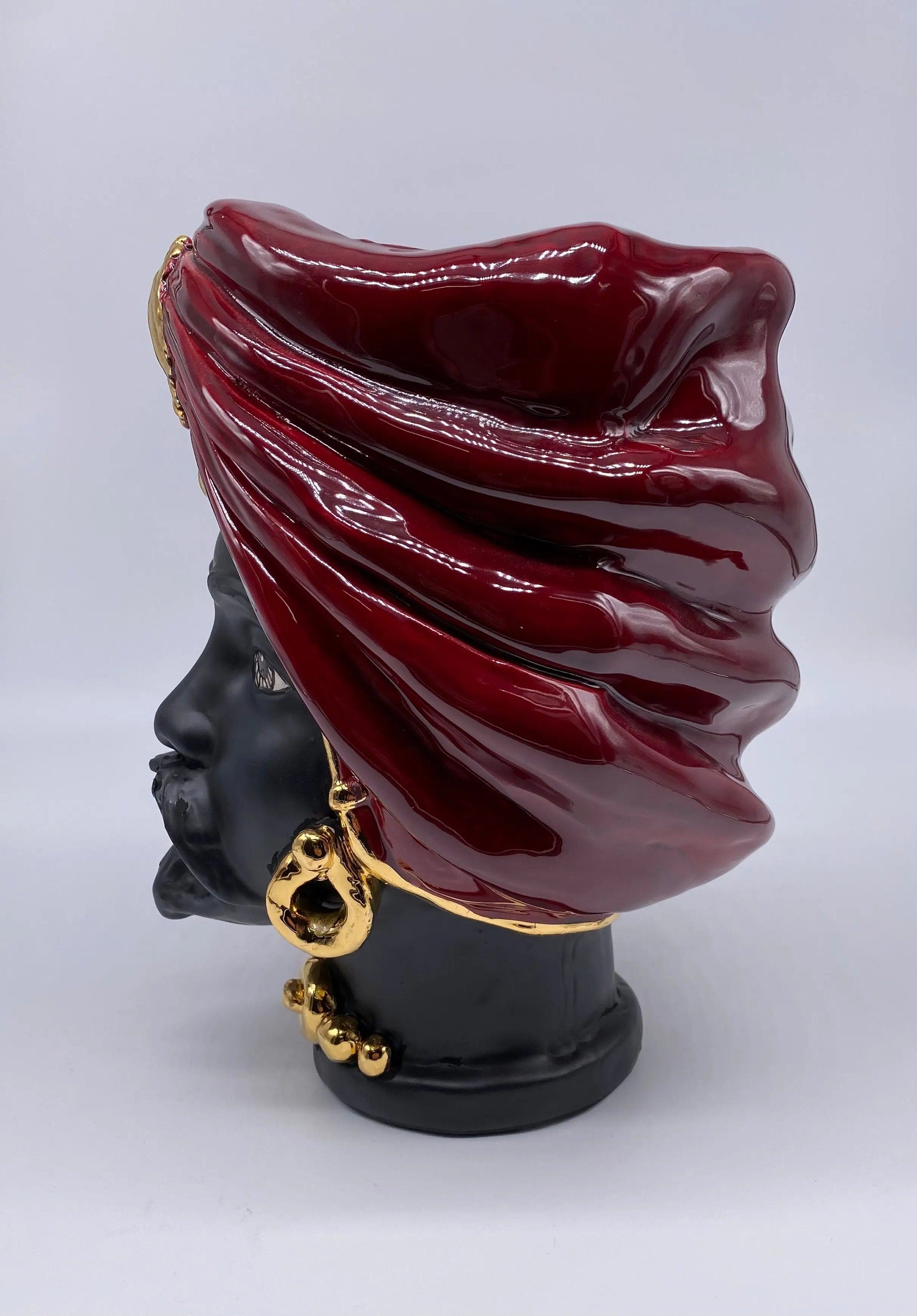 Teste di Moro Atena Ceramica Caltagirone cm H.24 L.18 Artigianale Bordeaux Opaco Oro DD CERAMICHE SICILIANE