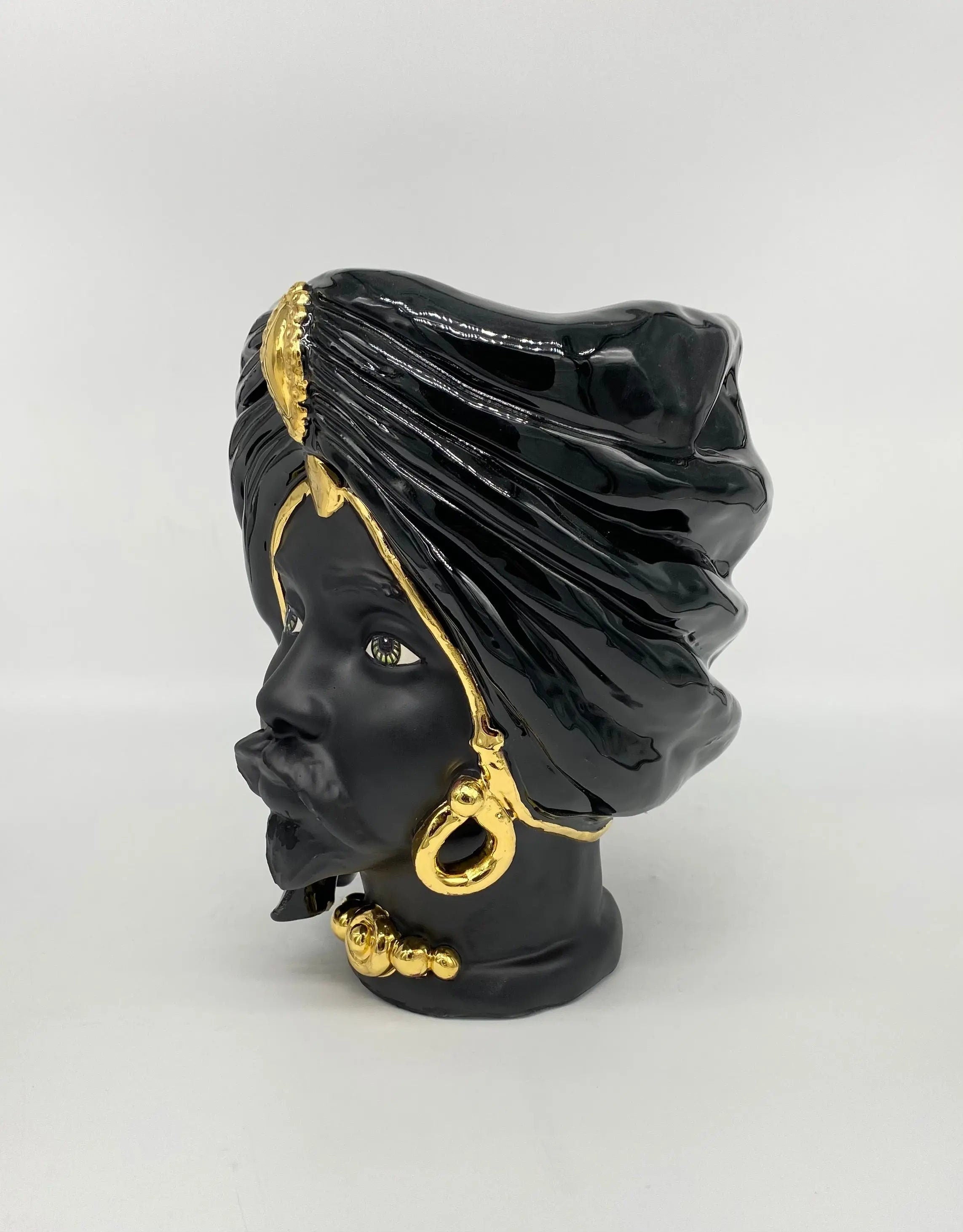 Teste di Moro Atena Ceramica Caltagirone cm H.24 L.18 Artigianale Nero Oro DD CERAMICHE SICILIANE