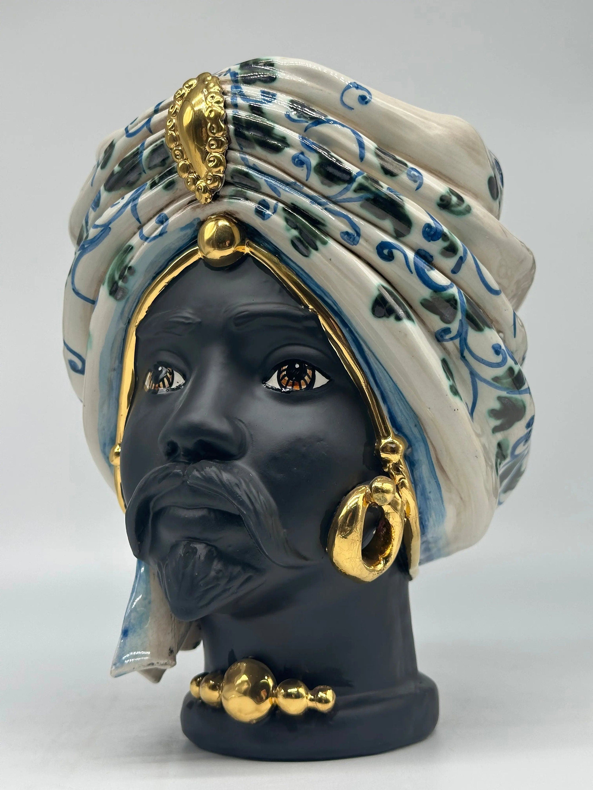 Teste di Moro Atena Ceramica Caltagirone cm H.24 L.18 Artigianale Bianco Barocco Blu Verde Oro DD CERAMICHE SICILIANE