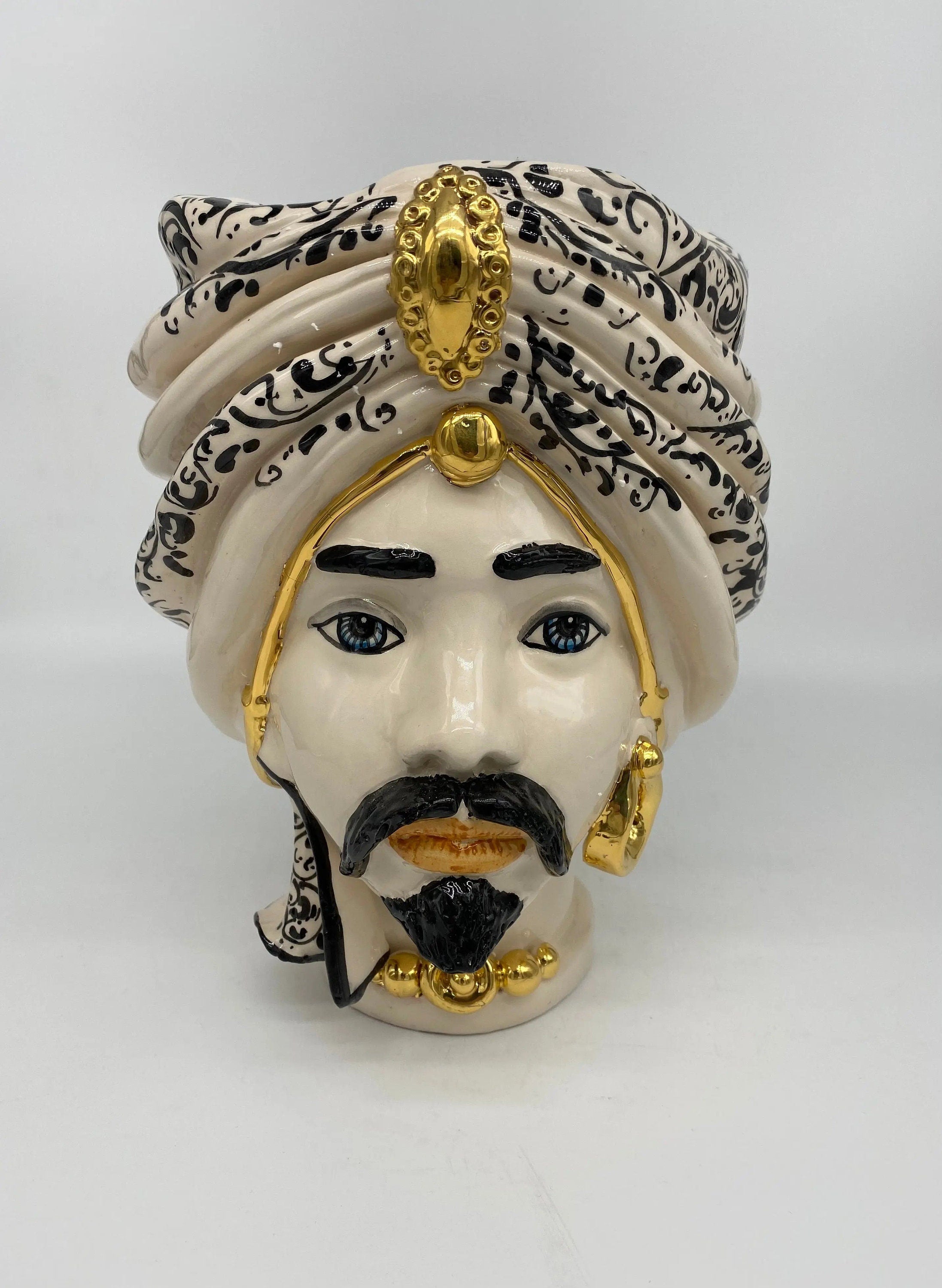 Teste di Moro Atena Ceramica Caltagirone cm H.24 L.18 Artigianale Bianco Decoro Barocco Oro DD CERAMICHE SICILIANE