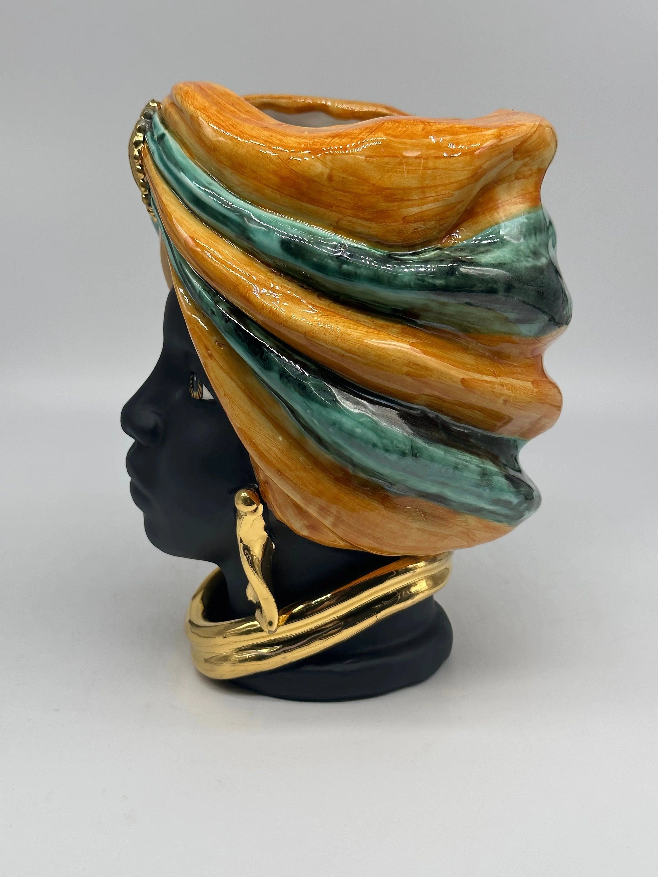 Teste di Moro Atena Ceramica Caltagirone cm H.24 L.18 Artigianale Ocra Verde Nero Oro DD CERAMICHE SICILIANE