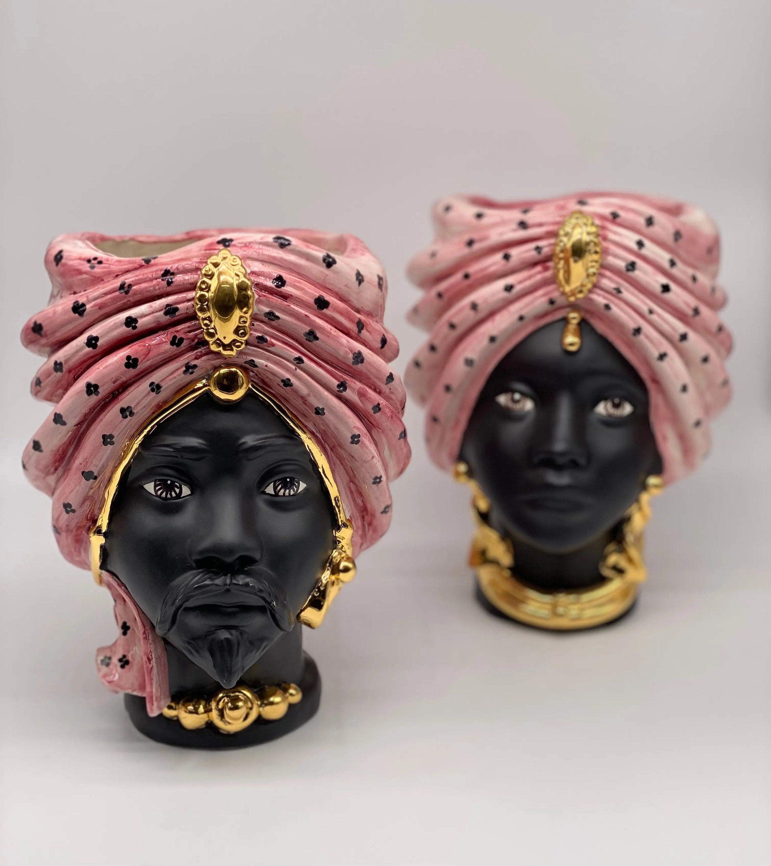 Teste di Moro Atena Ceramica Caltagirone cm H.24 L.18 Artigianale Rosa Pois Nero Oro DD CERAMICHE SICILIANE