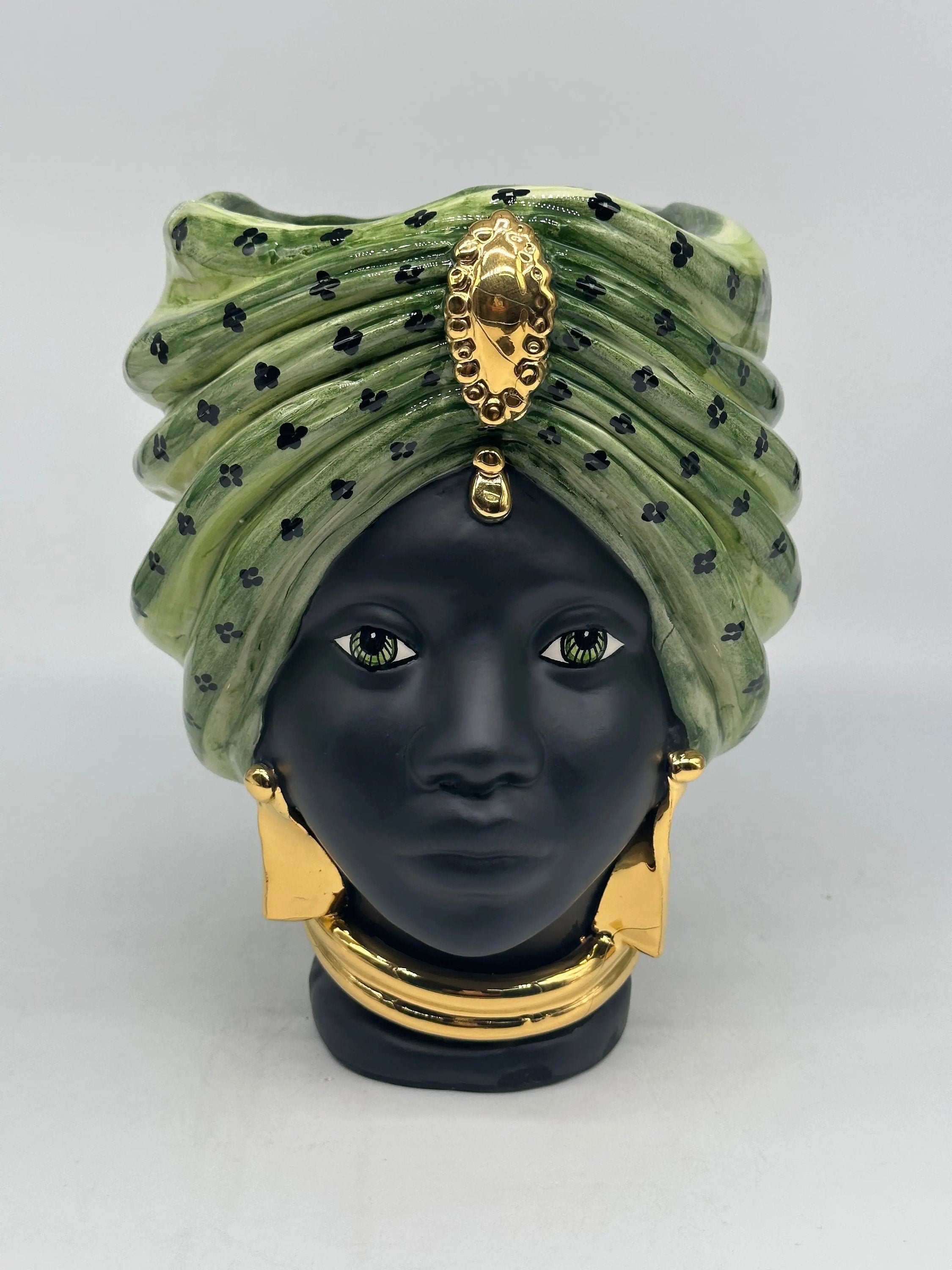 Teste di Moro Atena Ceramica Caltagirone cm H.24 L.18 Artigianale Verde Pois Nero Oro DD CERAMICHE SICILIANE