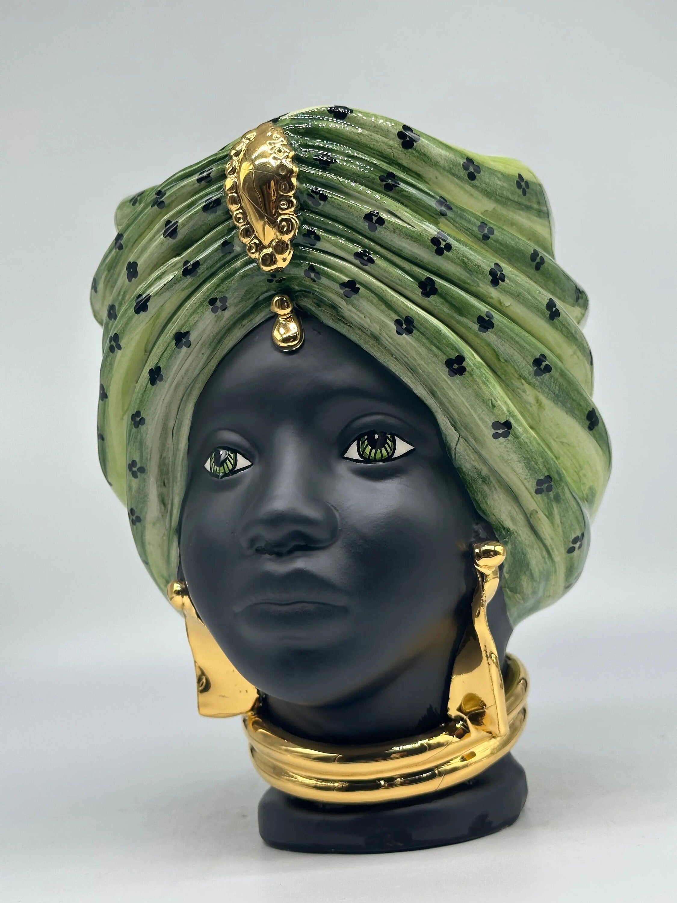 Teste di Moro Atena Ceramica Caltagirone cm H.24 L.18 Artigianale Verde Pois Nero Oro DD CERAMICHE SICILIANE