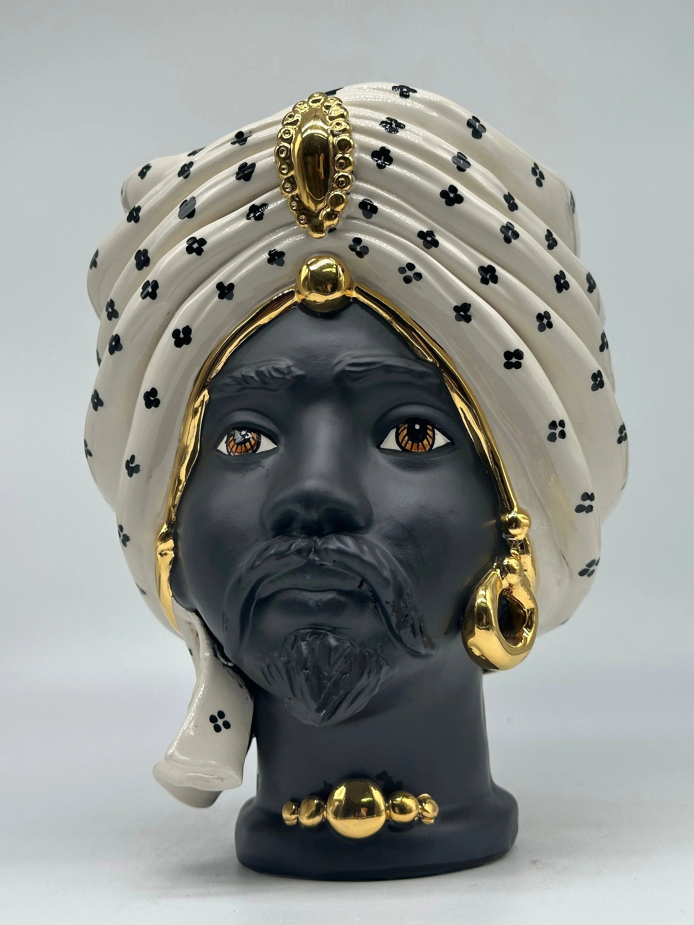 Teste di Moro Atena Ceramica Caltagirone cm H.24 L.18 Artigianale Bianco Pois Nero Oro DD CERAMICHE SICILIANE