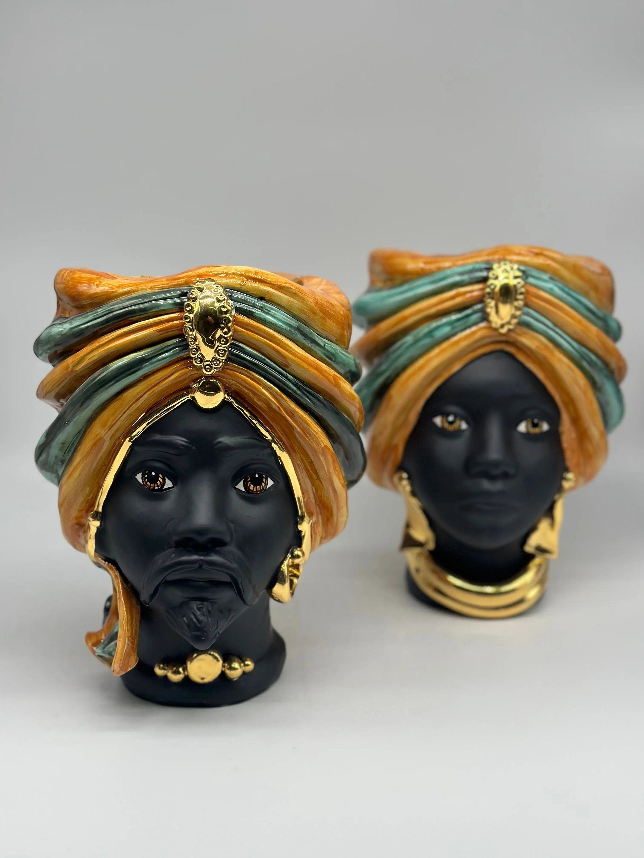 Teste di Moro Atena Ceramica Caltagirone cm H.24 L.18 Artigianale Ocra Verde Nero Oro DD CERAMICHE SICILIANE