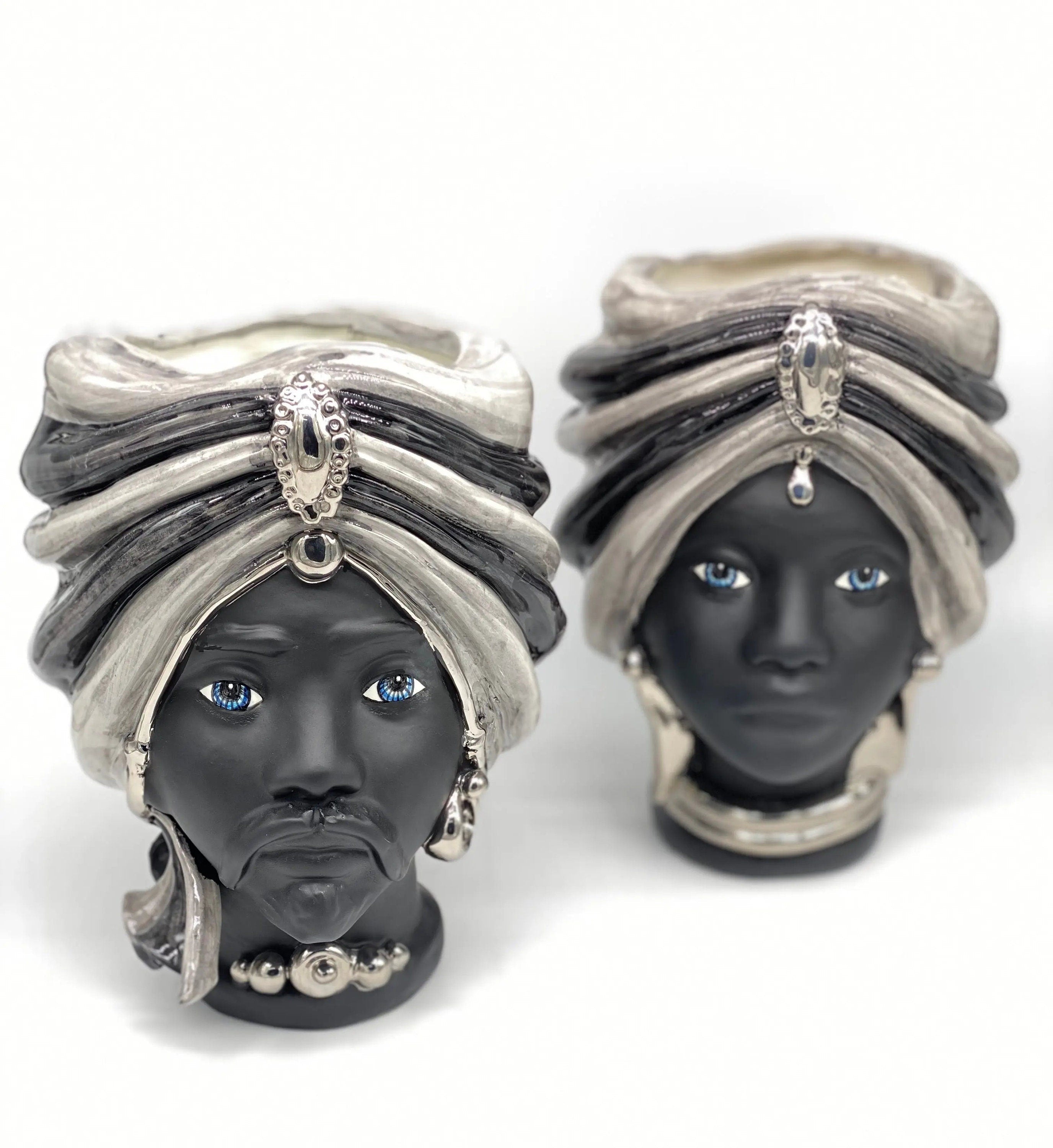 Teste di Moro Atena Ceramica Caltagirone cm H.24 L.18 Artigianale Grigio Nero Platino DD CERAMICHE SICILIANE