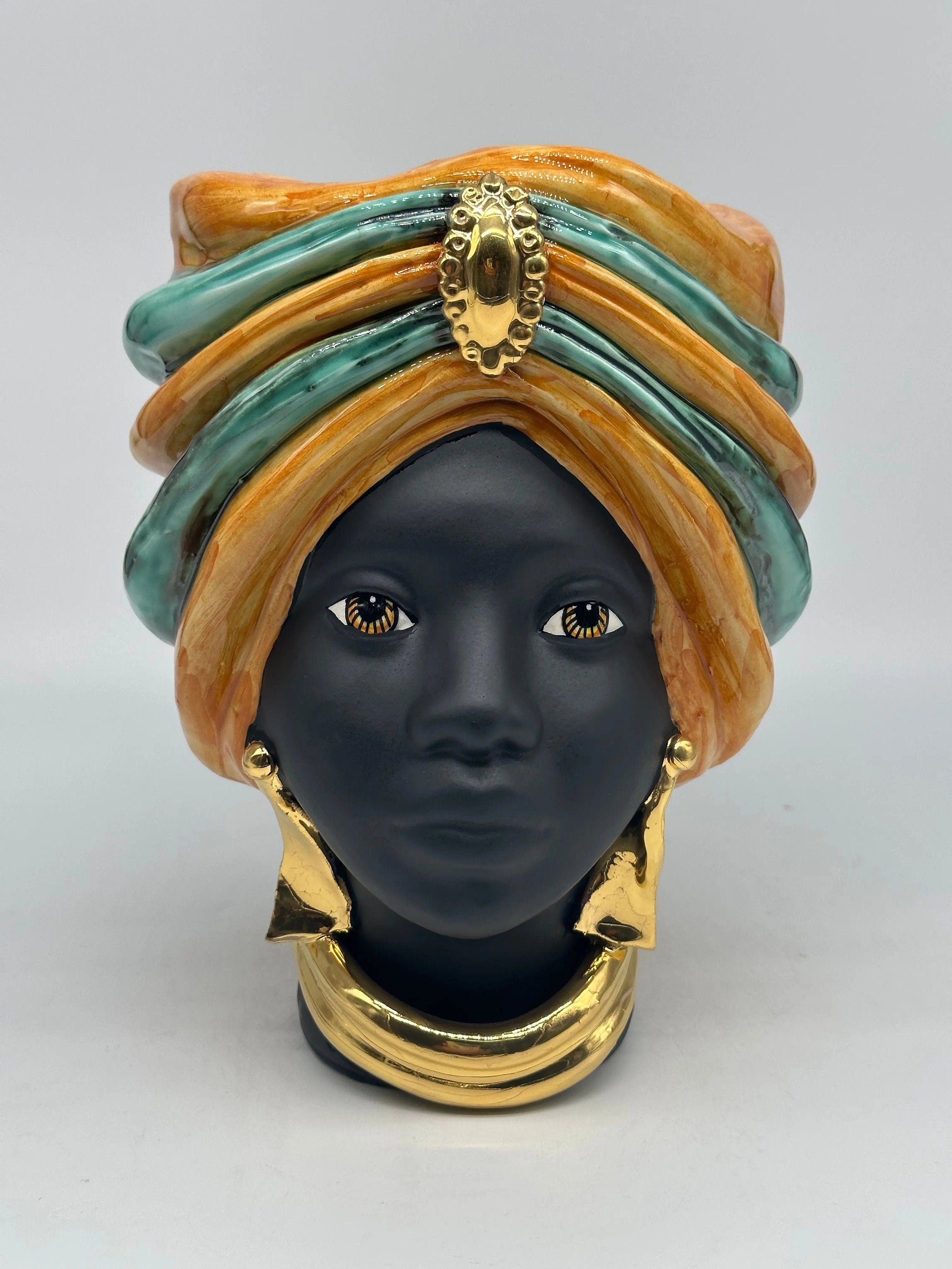 Teste di Moro Atena Ceramica Caltagirone cm H.24 L.18 Artigianale Ocra Verde Nero Oro DD CERAMICHE SICILIANE