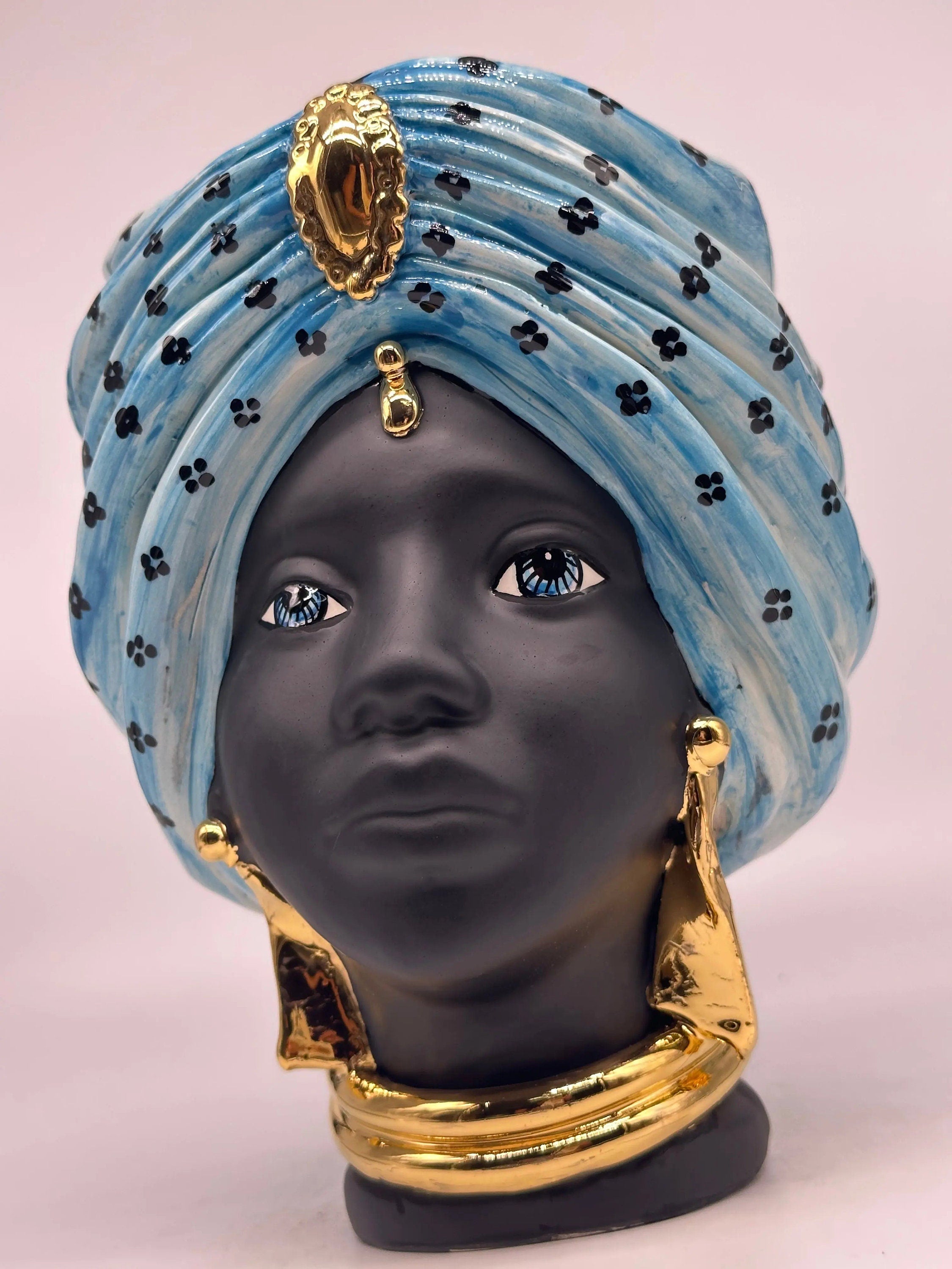 Teste di Moro Atena Ceramica Caltagirone cm H.24 L.18 Artigianale Celeste Pois Nero Oro DD CERAMICHE SICILIANE