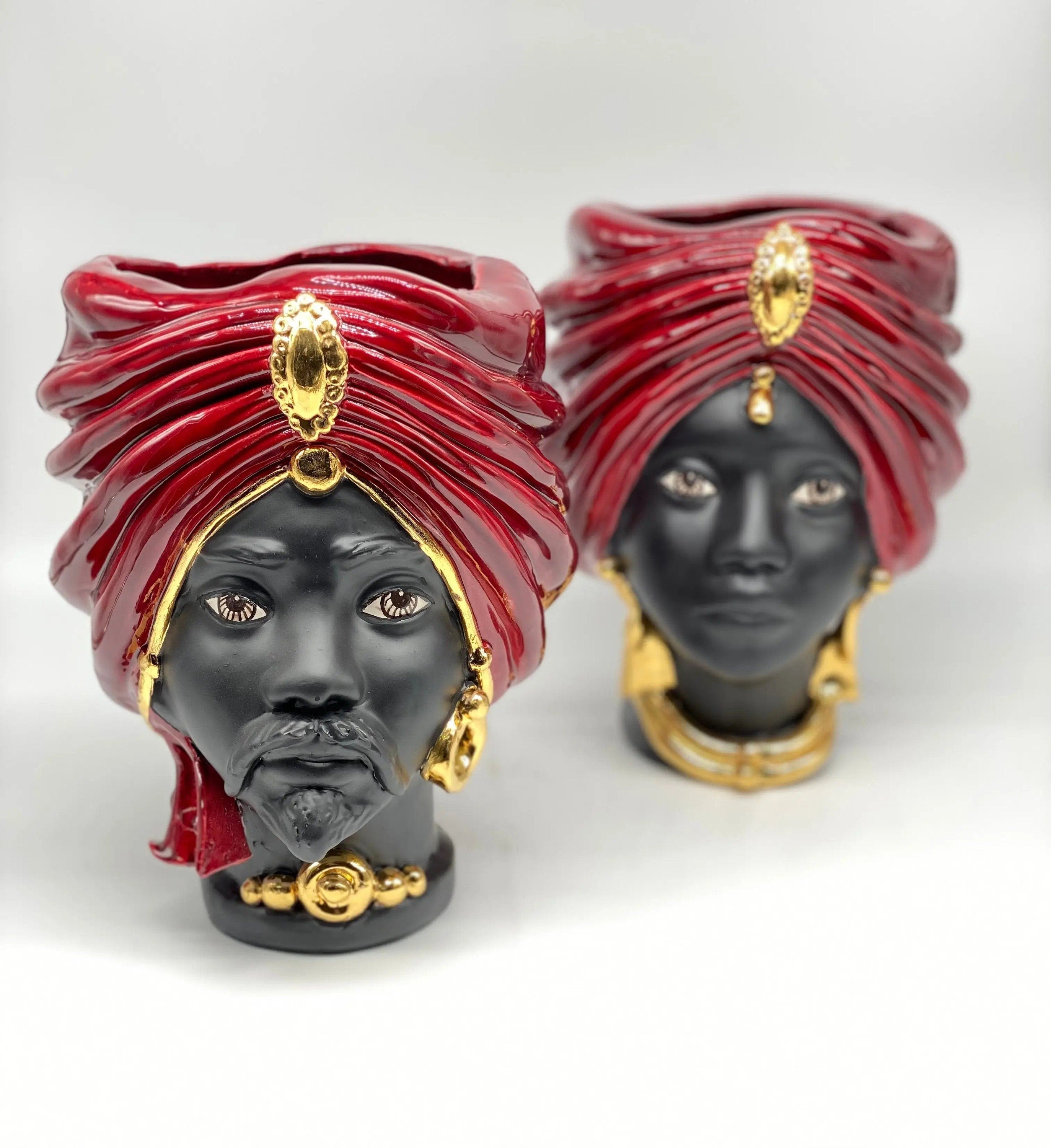 Teste di Moro Atena Ceramica Caltagirone cm H.24 L.18 Artigianale Bordeaux Opaco Oro DD CERAMICHE SICILIANE