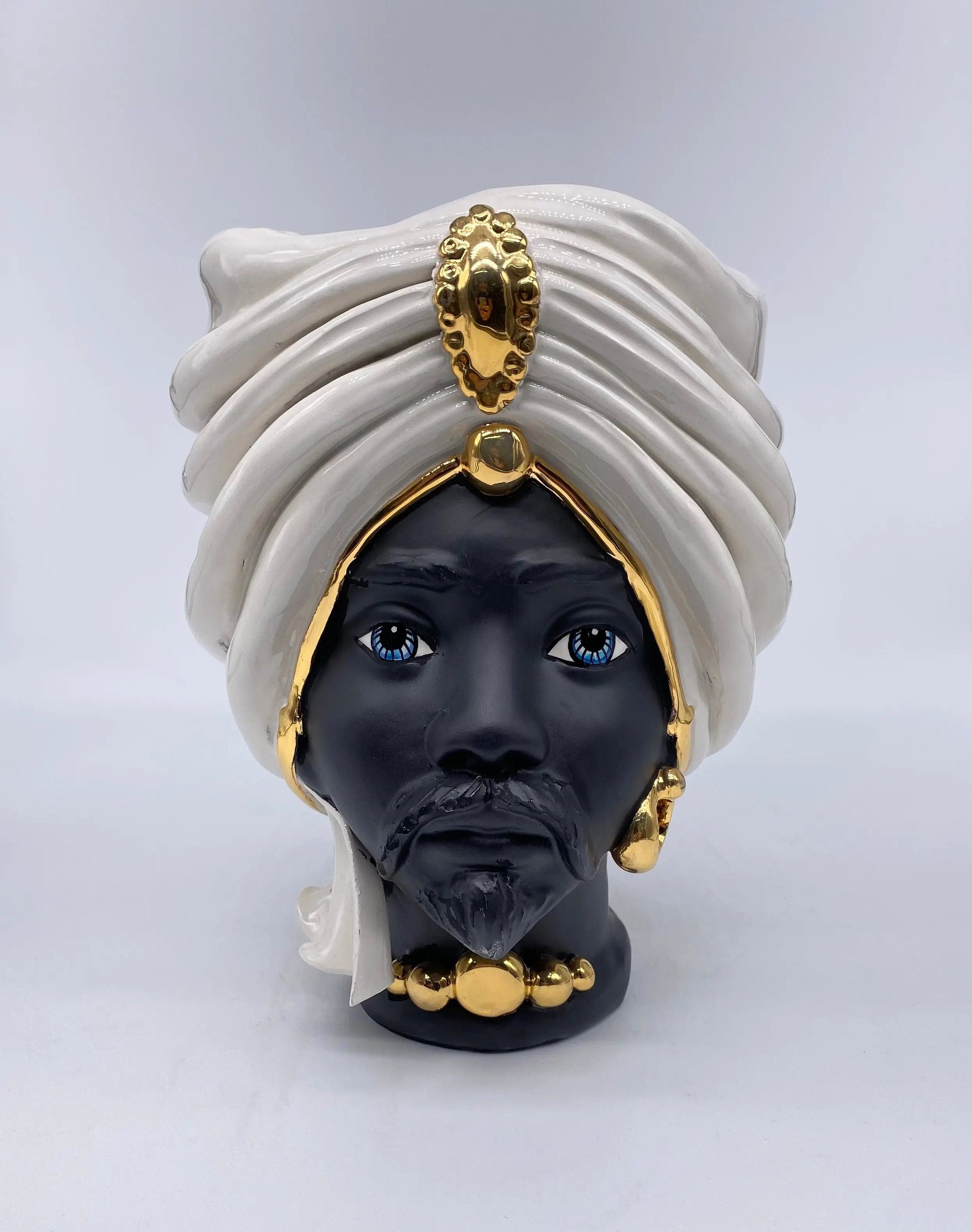 Teste di Moro Atena Ceramica Caltagirone cm H.24 L.18 Artigianale Bianco Nero Oro DD CERAMICHE SICILIANE