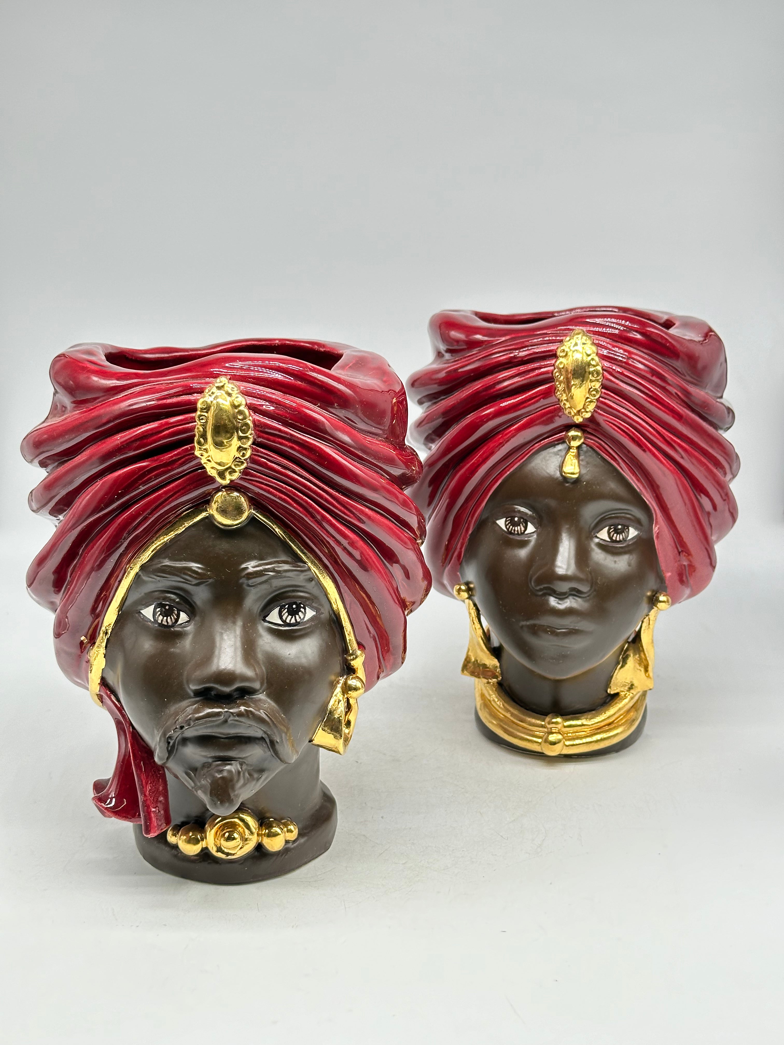 Teste di Moro Atena Ceramica Caltagirone cm H.24 L.18 Artigianale Bordeaux Marrone Oro - TESTE DI MORO