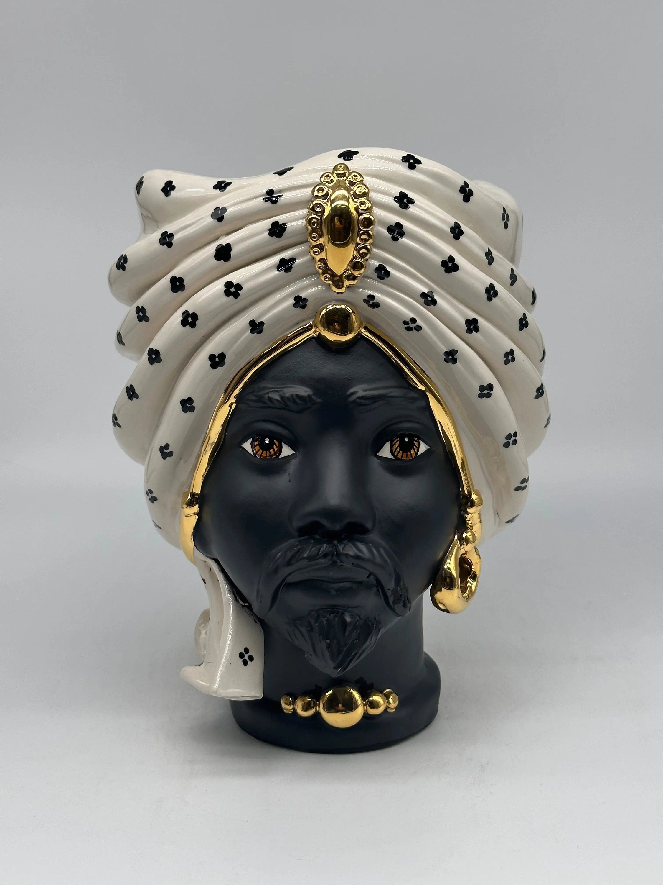 Teste di Moro Atena Ceramica Caltagirone cm H.24 L.18 Artigianale Bianco Pois Nero Oro DD CERAMICHE SICILIANE