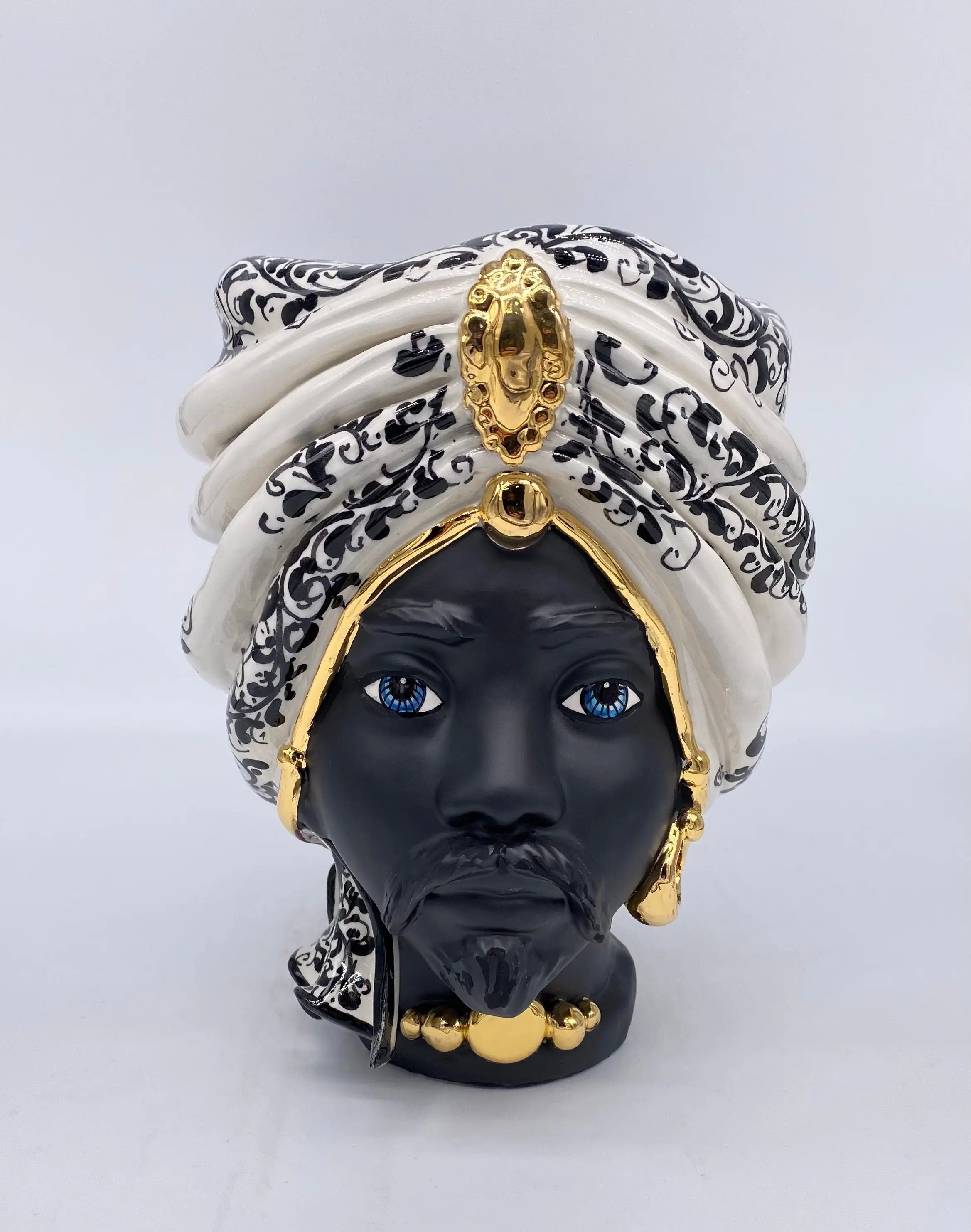 Teste di Moro Atena Ceramica Caltagirone cm H.24 L.18 Artigianale Opaco Bianco Barocco Oro DD CERAMICHE SICILIANE