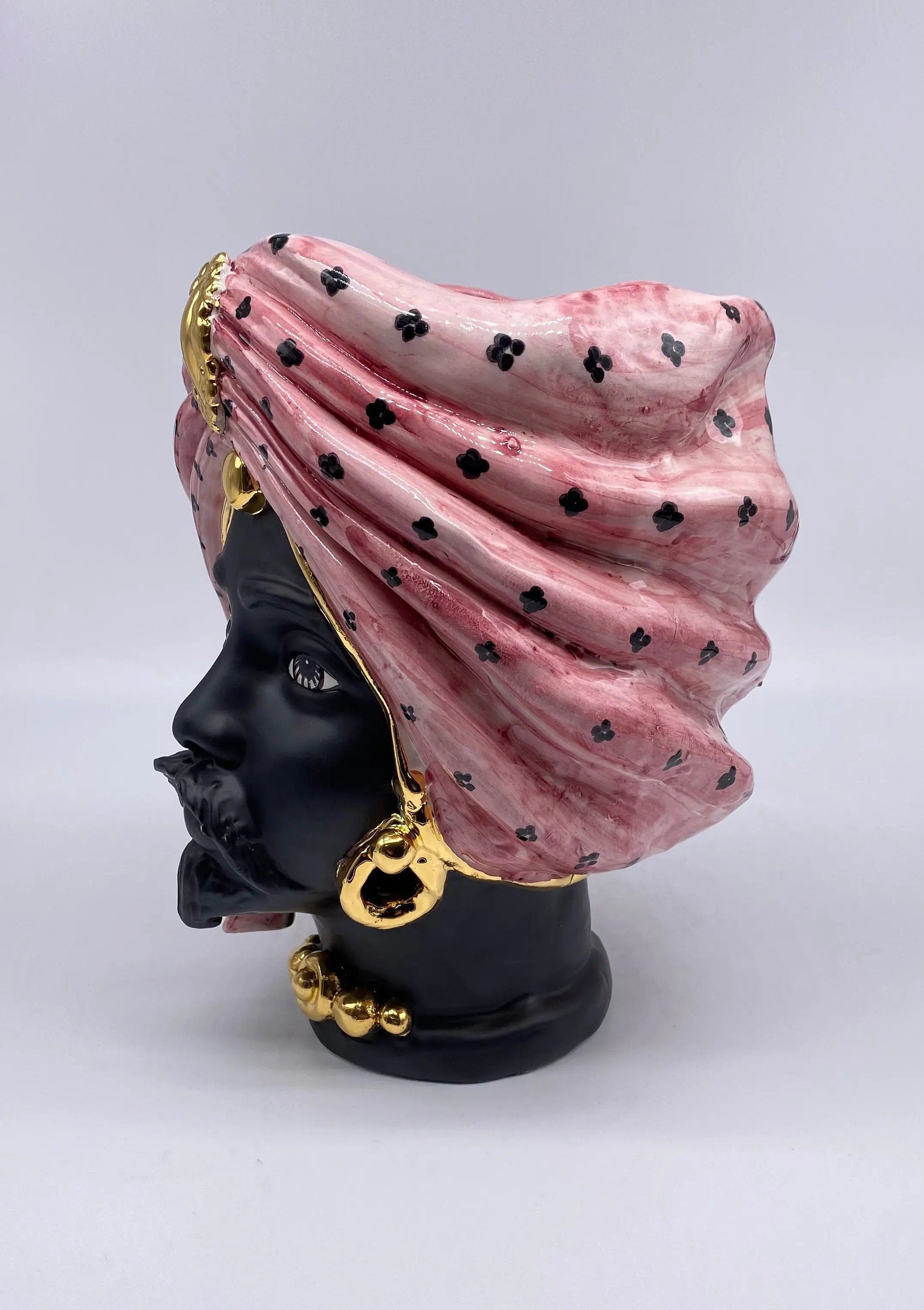 Teste di Moro Atena Ceramica Caltagirone cm H.24 L.18 Artigianale Rosa Pois Nero Oro DD CERAMICHE SICILIANE