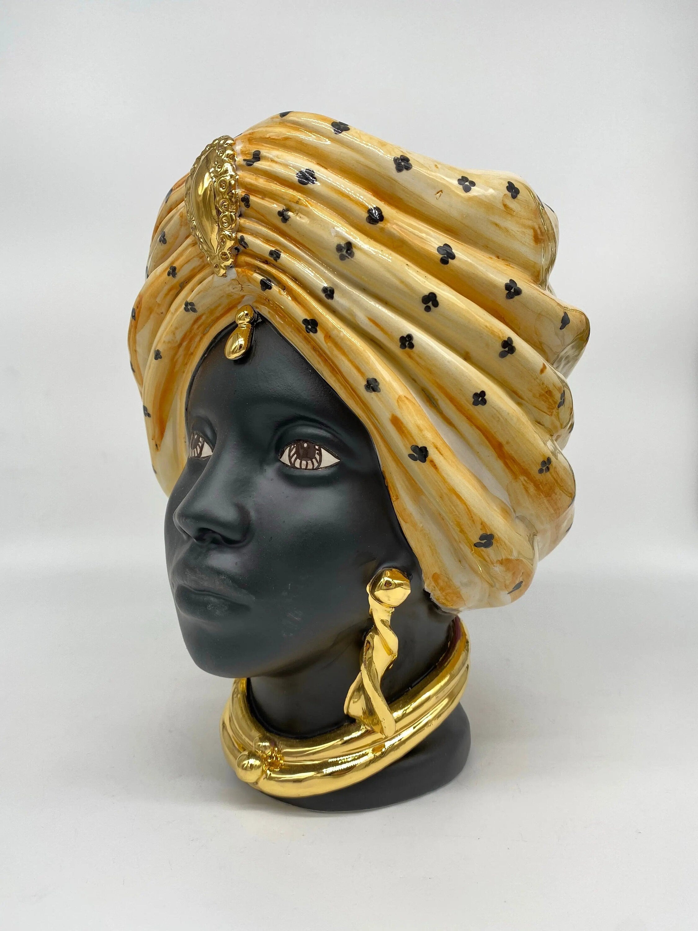 Teste di Moro Atena Ceramica Caltagirone cm H.24 L.18 Artigianale Arancio Pois Nero Oro DD CERAMICHE SICILIANE