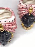 Teste di Moro Atena Ceramica Caltagirone cm H.24 L.18 Artigianale Rosa Pois Nero Oro - DD CERAMICHE SICILIANE