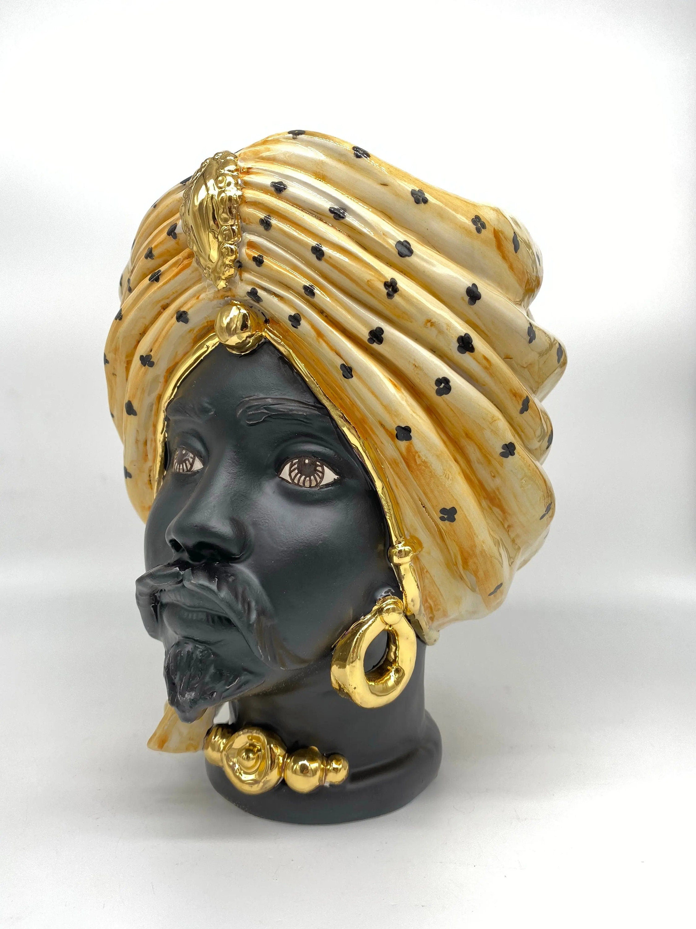 Teste di Moro Atena Ceramica Caltagirone cm H.24 L.18 Artigianale Arancio Pois Nero Oro DD CERAMICHE SICILIANE