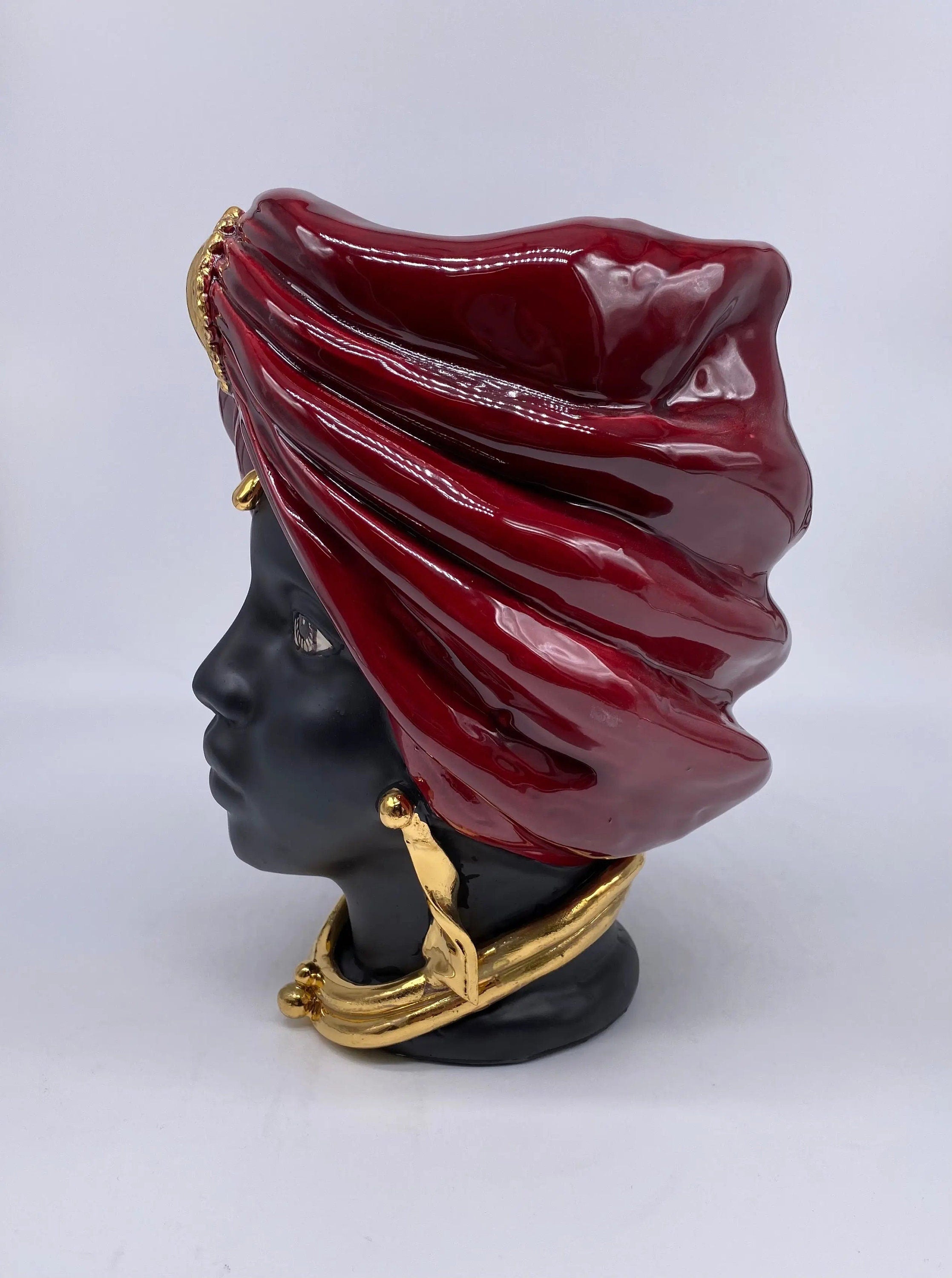 Teste di Moro Atena Ceramica Caltagirone cm H.24 L.18 Artigianale Bordeaux Opaco Oro DD CERAMICHE SICILIANE